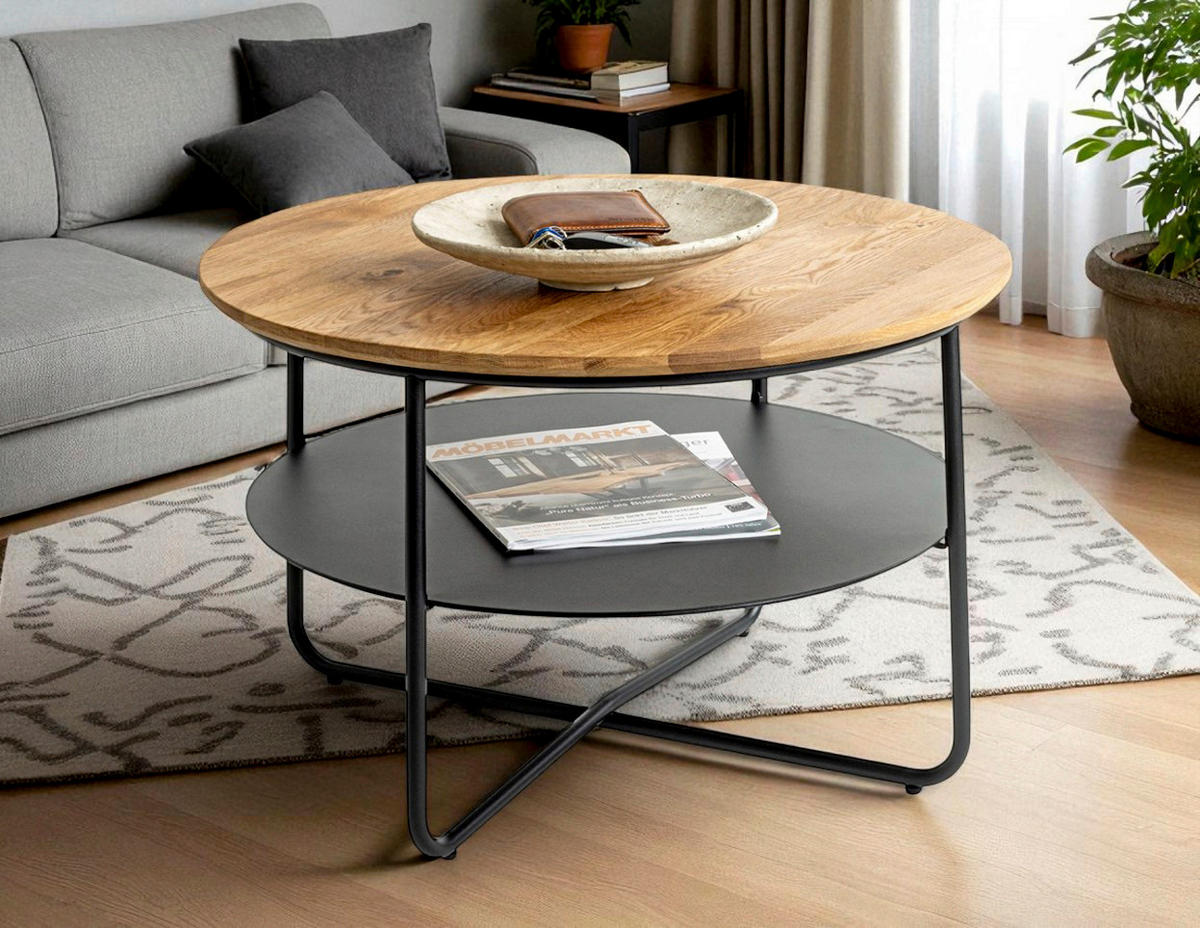 BEISTELLTISCH 70/70/45 cm Eiche massiv Schwarz, Eichefarben rund  - Eichefarben/Schwarz, Design, Holz/Metall (70/70/45cm)