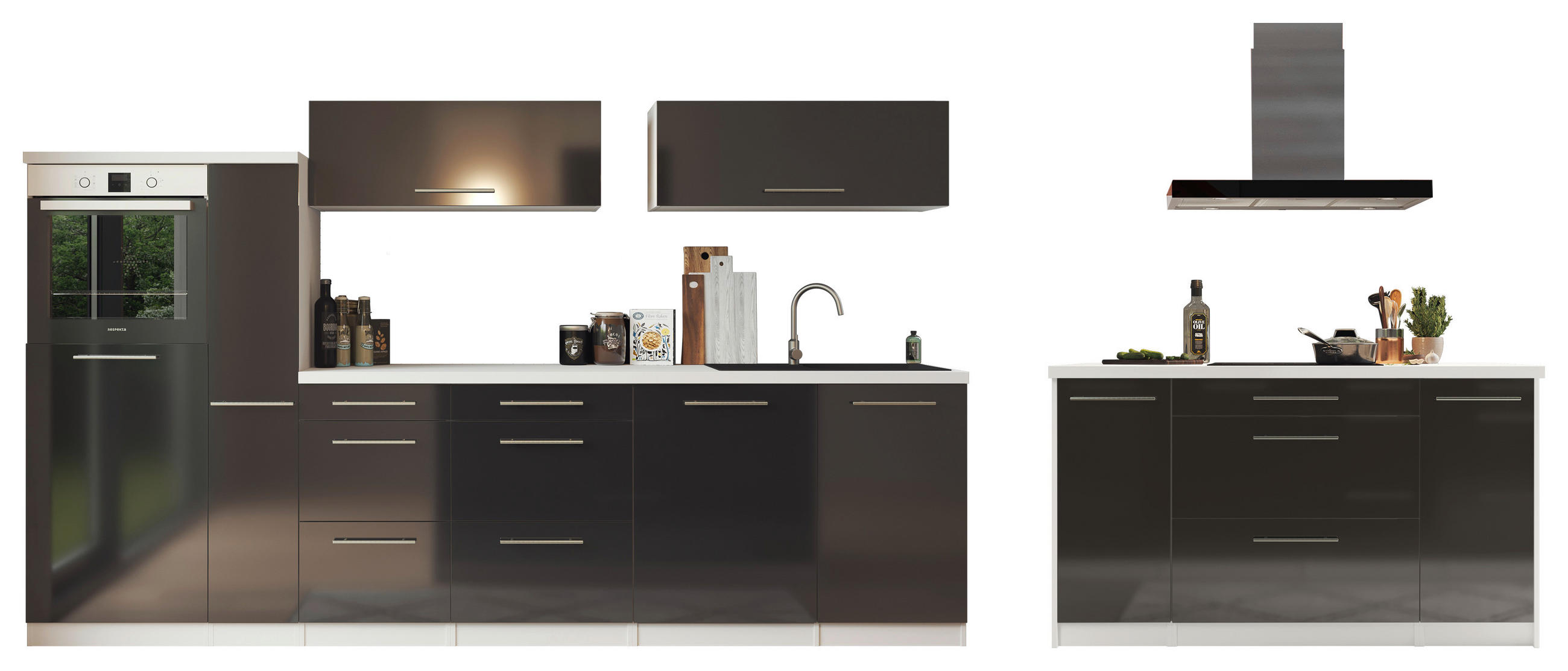 KÜCHENBLOCK 310/160 cm   in Weiß, Schwarz Hochglanz  - Schwarz Hochglanz/Alufarben, MODERN, Naturmaterialien/Holzwerkstoff (310/160cm) - Respekta