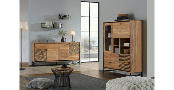 HIGHBOARD Schwarz, Akaziefarben  115/148/42 cm  - Schwarz/Akaziefarben, Design, Glas/Holz (115/148/42cm) - Ambia Home