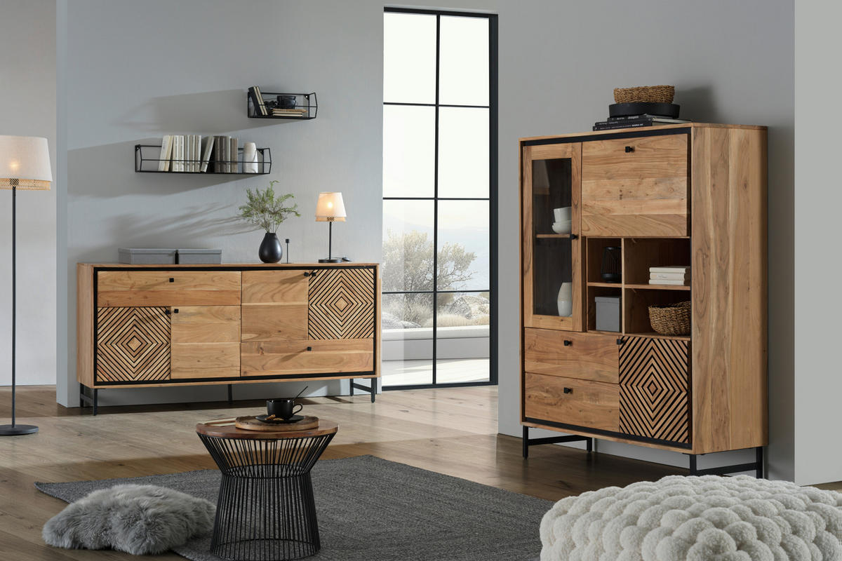 HIGHBOARD Schwarz, Akaziefarben  115/148/42 cm  - Schwarz/Akaziefarben, Design, Glas/Holz (115/148/42cm) - Ambia Home