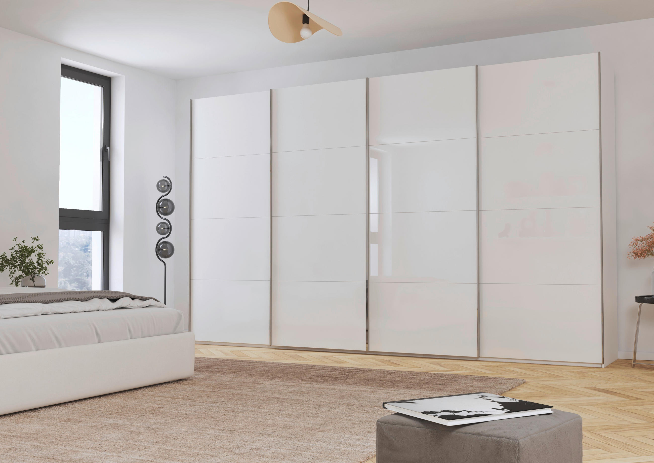 SCHWEBETÜRENSCHRANK 361/223/68 cm 4-türig Weiß  - Chromfarben/Weiß, Design, Glas/Holzwerkstoff (361/223/68cm) - Novel