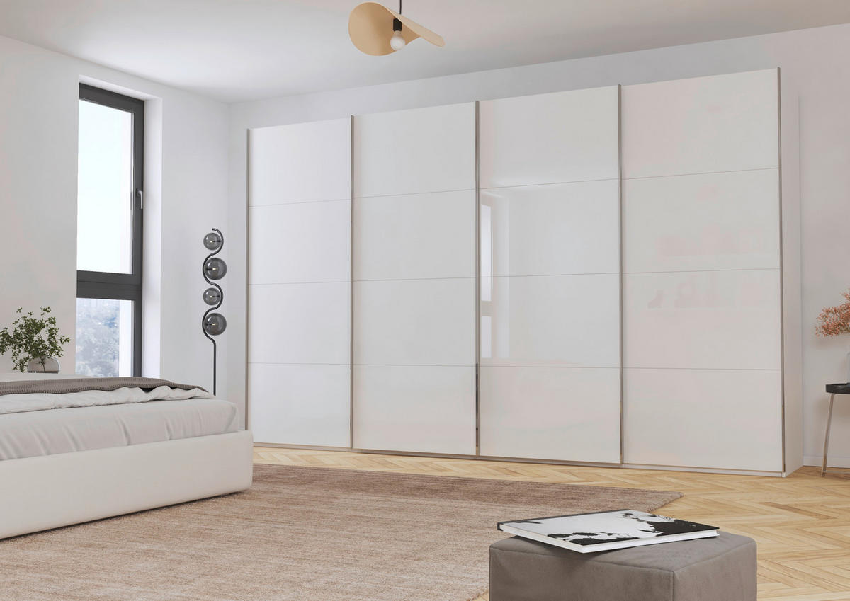 SCHWEBETÜRENSCHRANK 361/223/68 cm 4-türig Weiß  - Chromfarben/Weiß, Design, Glas/Holzwerkstoff (361/223/68cm) - Novel