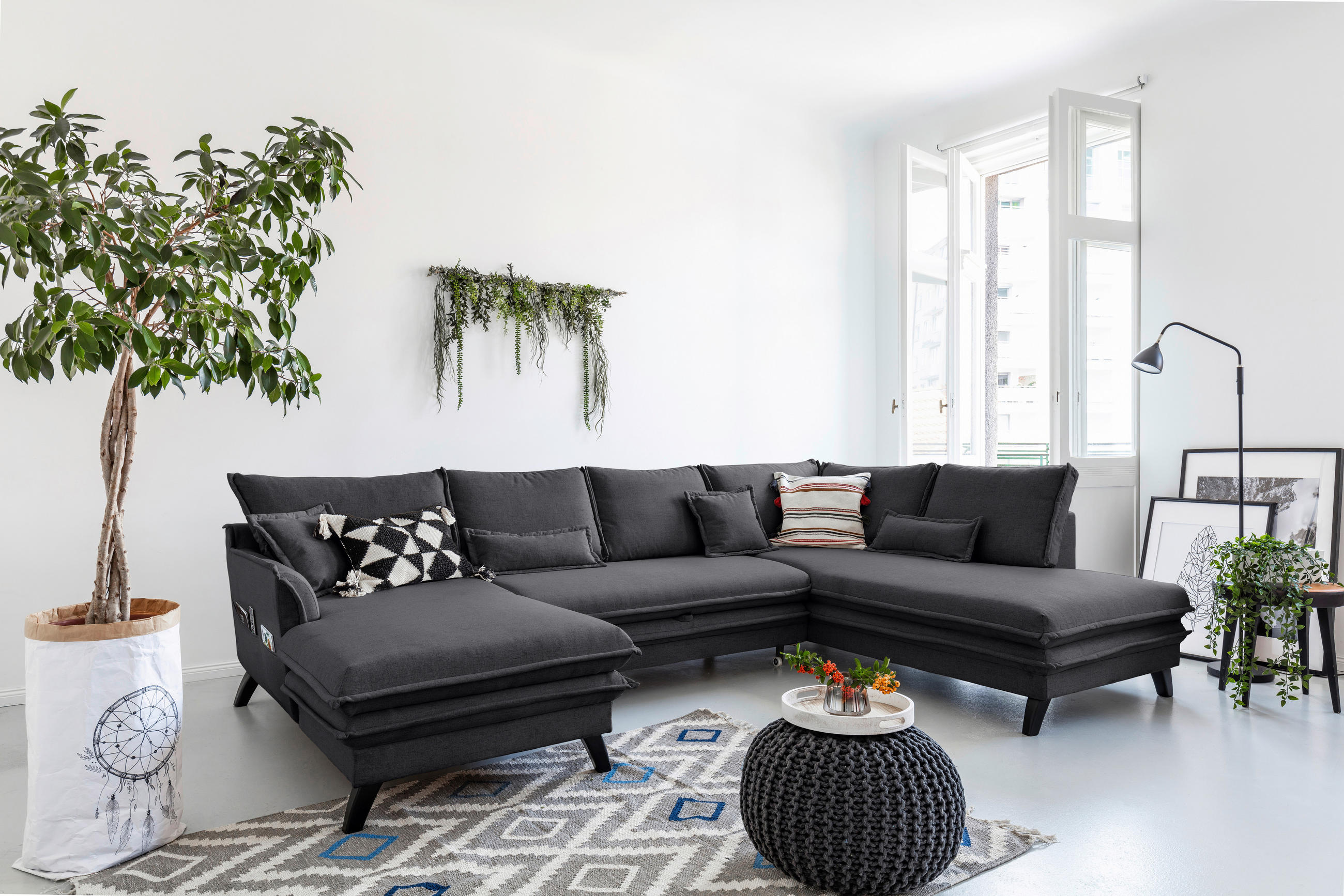 WOHNLANDSCHAFT Graphitfarben Mikrofaser  - Schwarz/Graphitfarben, Design, Holz/Textil (150/300/200cm) - P & B