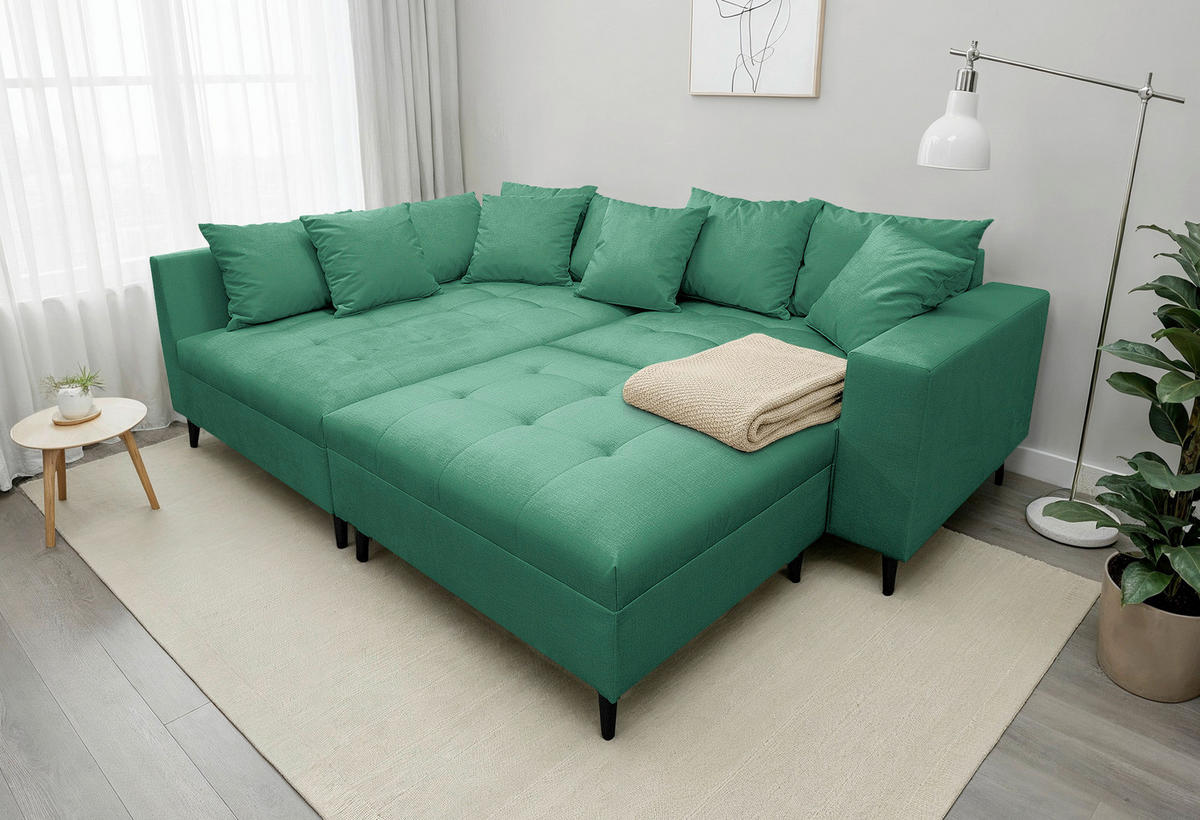 Ecksofa inkl. Hocker  in Mikrofaser Grün  174/247 cm  - Schwarz/Grün, Design, Holz/Textil (174/247cm) - MID.YOU