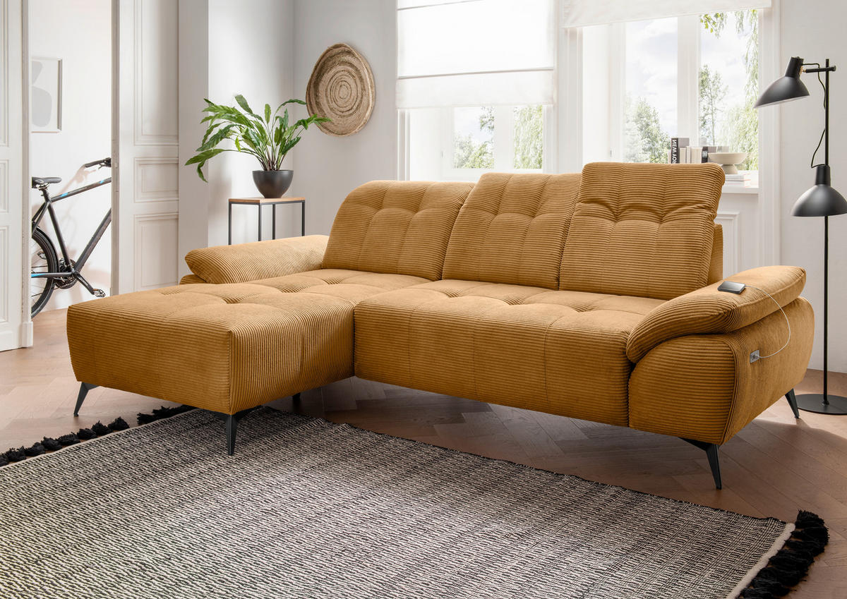 ECKSOFA FIORE in Cord Goldfarben Kopfteilverstellung, Sitzvorzug  180/280 cm  - Goldfarben/Schwarz, MODERN, Textil/Metall (180/280cm) - Livetastic