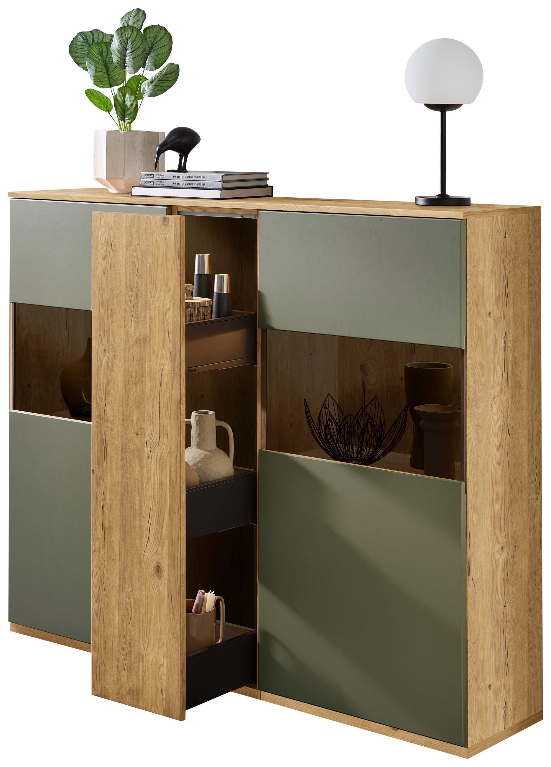 HIGHBOARD Eichefarben, Schilfgrün  150/131/40 cm  - Schilfgrün/Eichefarben, KONVENTIONELL, Glas/Holzwerkstoff (150/131/40cm) - Venda