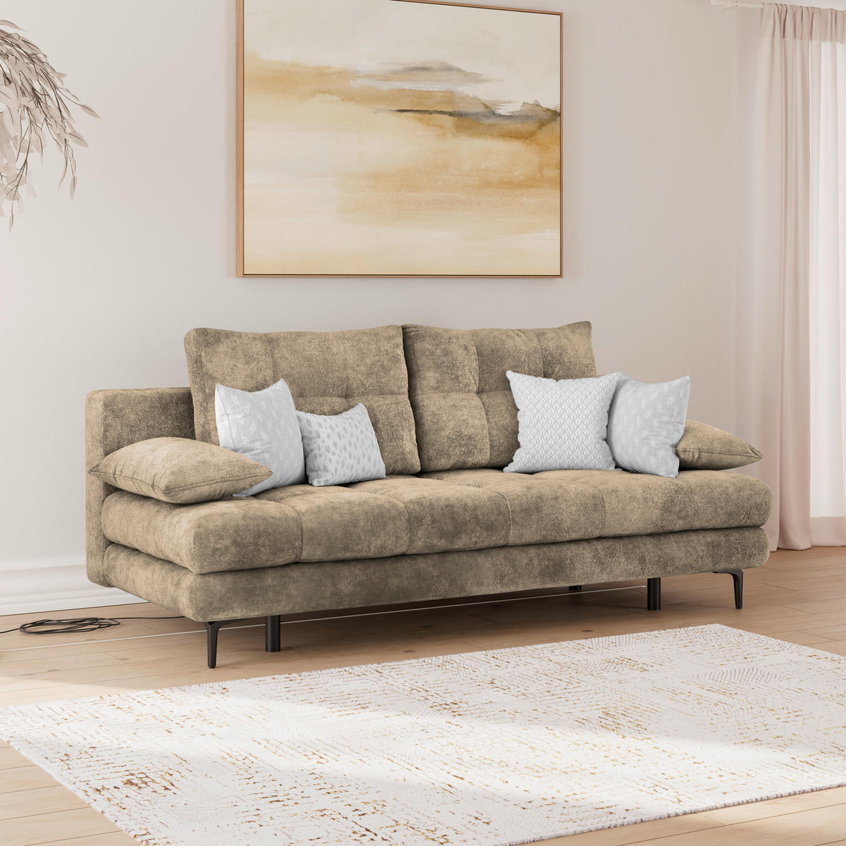 SCHLAFSOFA  mit Liegefunktion, Schlafen auf Sitzhöhe, Rücken echt Chenille Hellbraun  - Hellbraun/Schwarz, KONVENTIONELL, Textil/Metall (203/94/96cm) - Carryhome