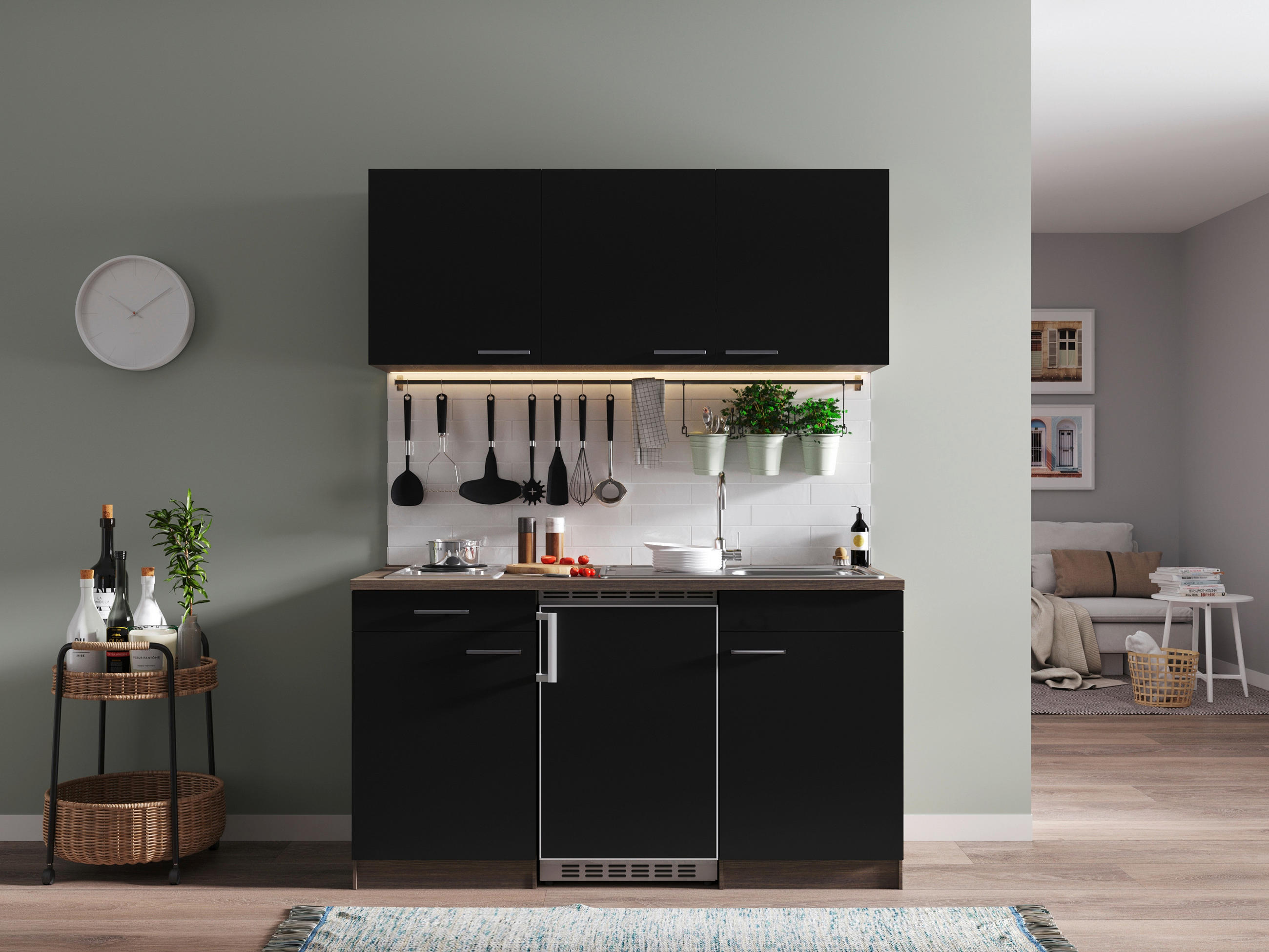 MINIKÜCHE 150 cm   in Schwarz  - Eichefarben/Alufarben, Basics, Holzwerkstoff/Kunststoff (150cm) - Respekta