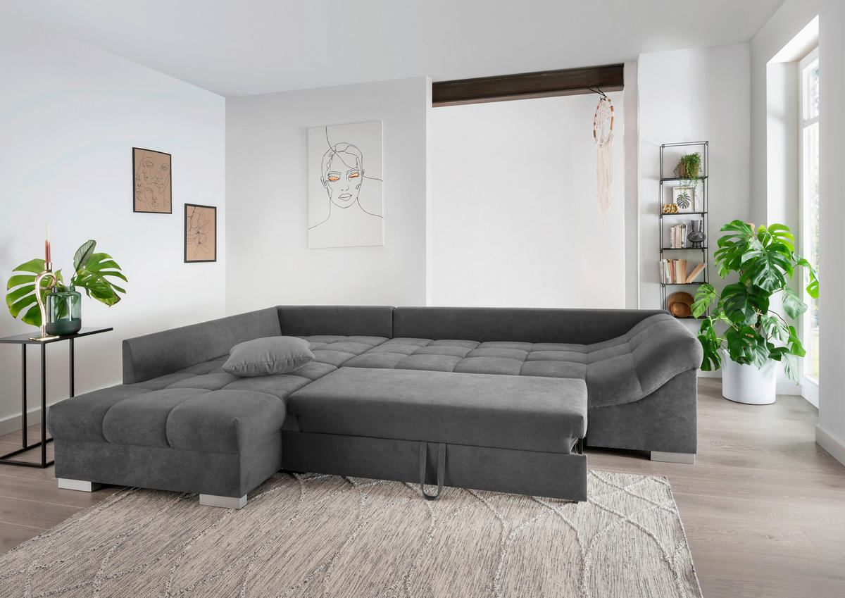 ECKSCHLAFSOFA in Mikrofaser Dunkelgrau  - Dunkelgrau/Silberfarben, Design, Holz/Textil (202/298cm) - MID.YOU