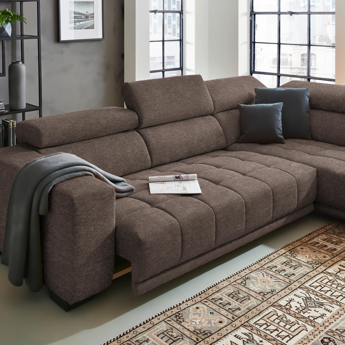 ECKSOFA in Mikrofaser Hellbraun  - Hellbraun/Schwarz, Design, Textil/Metall (301/207cm) - Xora
