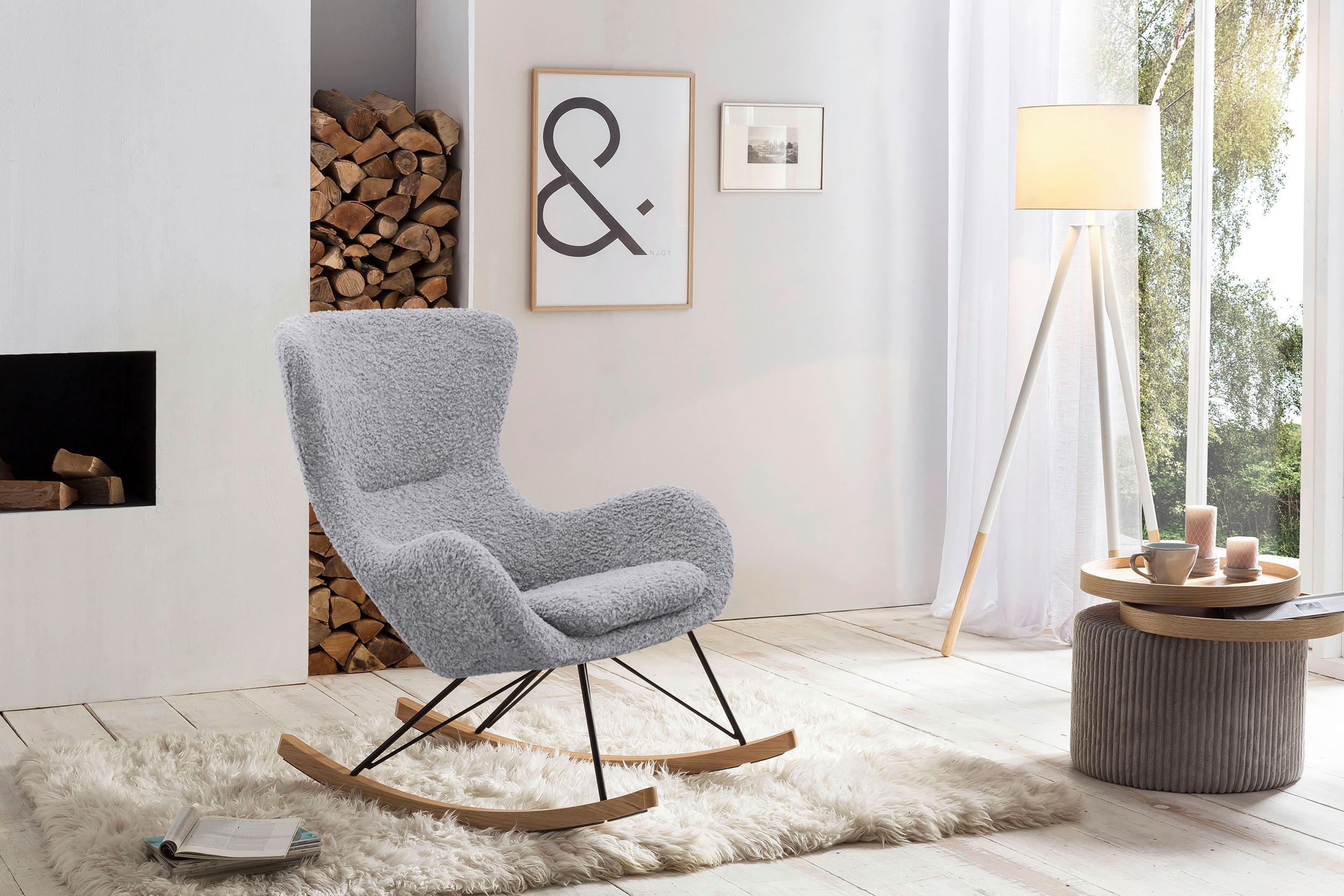 SCHAUKELSTUHL in Teddystoff Hellgrau  - Eichefarben/Hellgrau, MODERN, Holz/Textil (75/106/102cm) - Livetastic