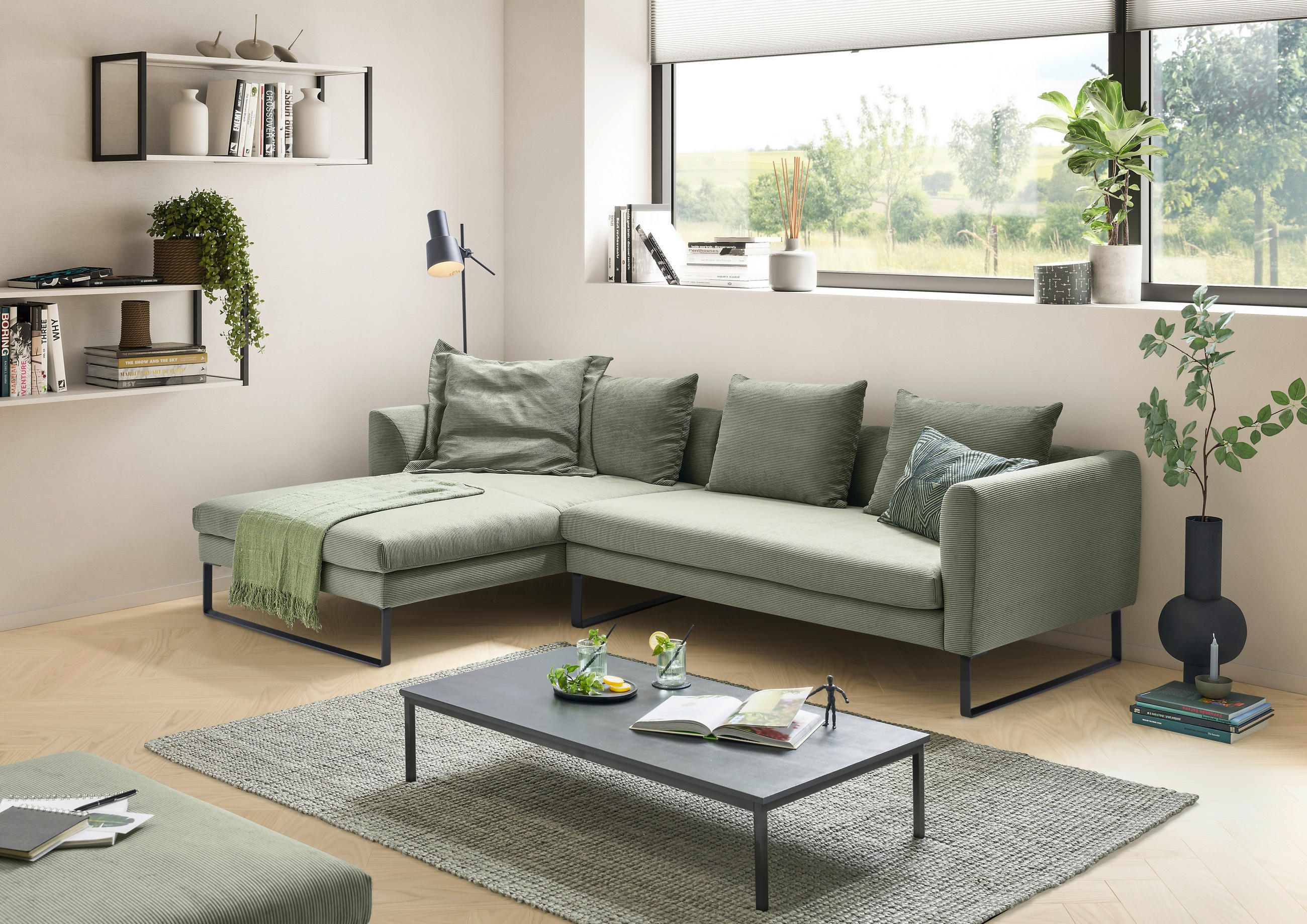 ECKSOFA in Feincord Olivgrün  - Schwarz/Olivgrün, Konventionell, Textil/Metall (178/284cm) - Hom`in