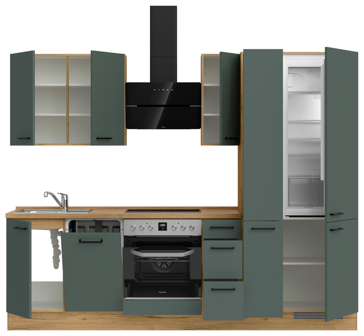 KÜCHENBLOCK Easytouch 270 cm  in Eichefarben, Dunkelgrün  - Dunkelgrün/Eichefarben, MODERN, Holzwerkstoff/Metall (270cm) - Nobilia