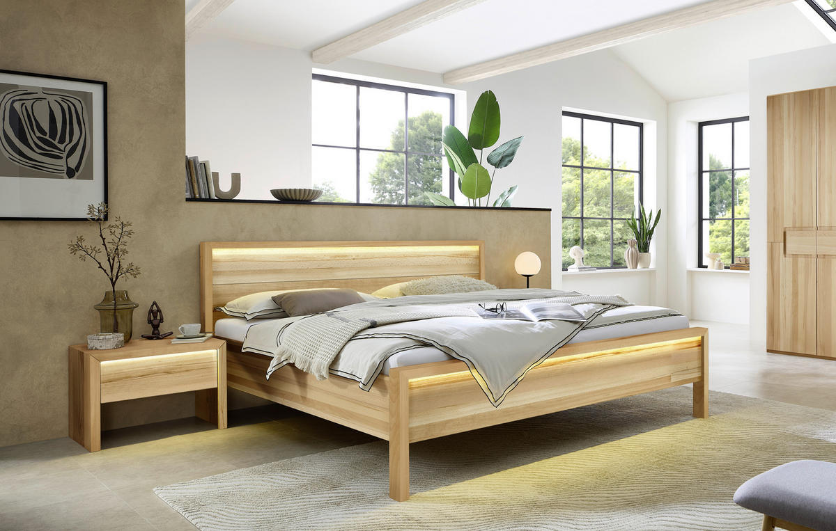 BETT 180/200 cm,  in Naturfarben, Kernbuche, Beleuchtung,  - Naturfarben/Kernbuche, MODERN, Holz (180/200cm) - MID.YOU