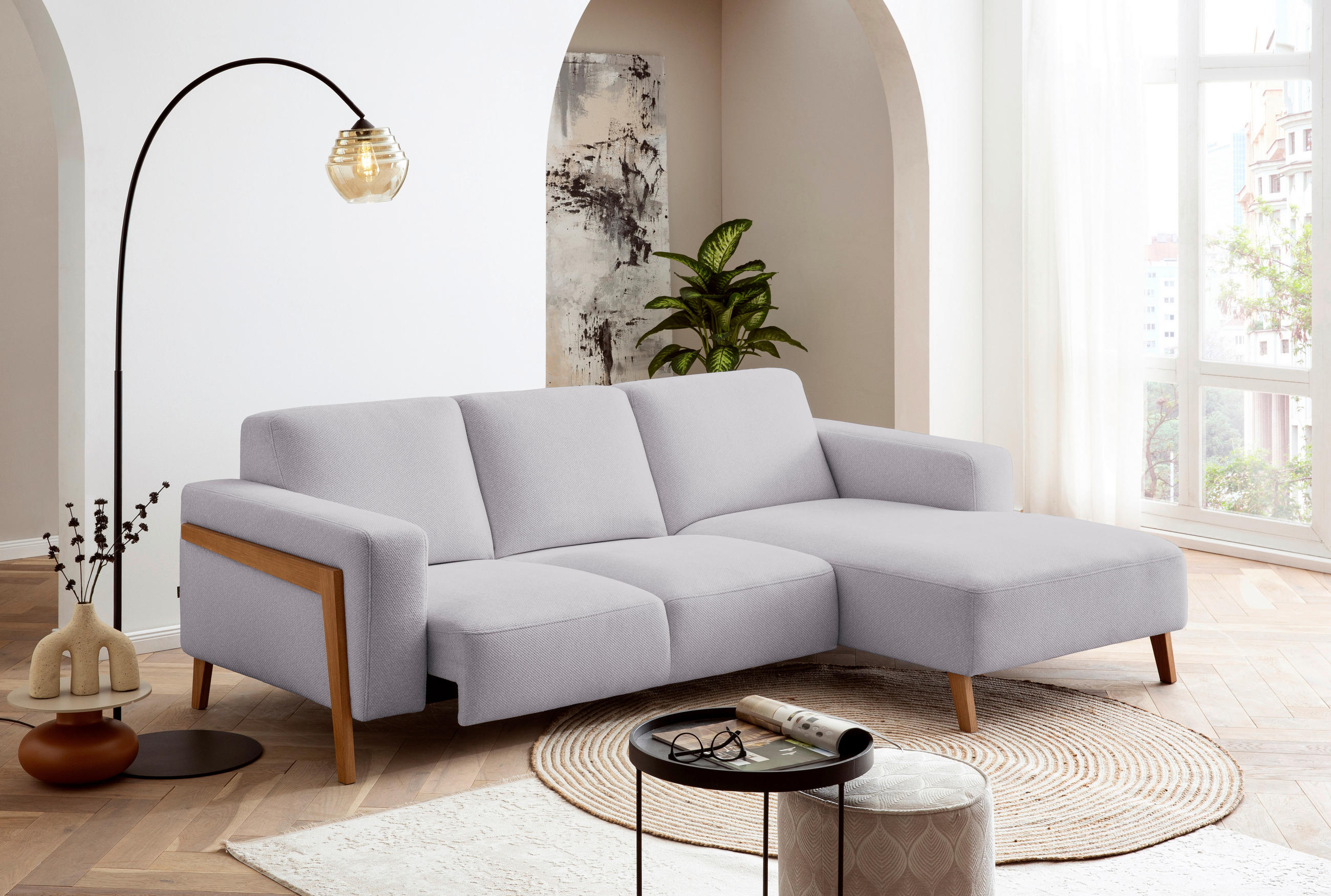 Thumbnail - Stylife Ecksofa, Hellgrau, Textil, Eiche, vollmassiv, 3-Sitzer, Ottomane rechts, L-Form, 250x163 cm, Fußauswahl, Stoffau...