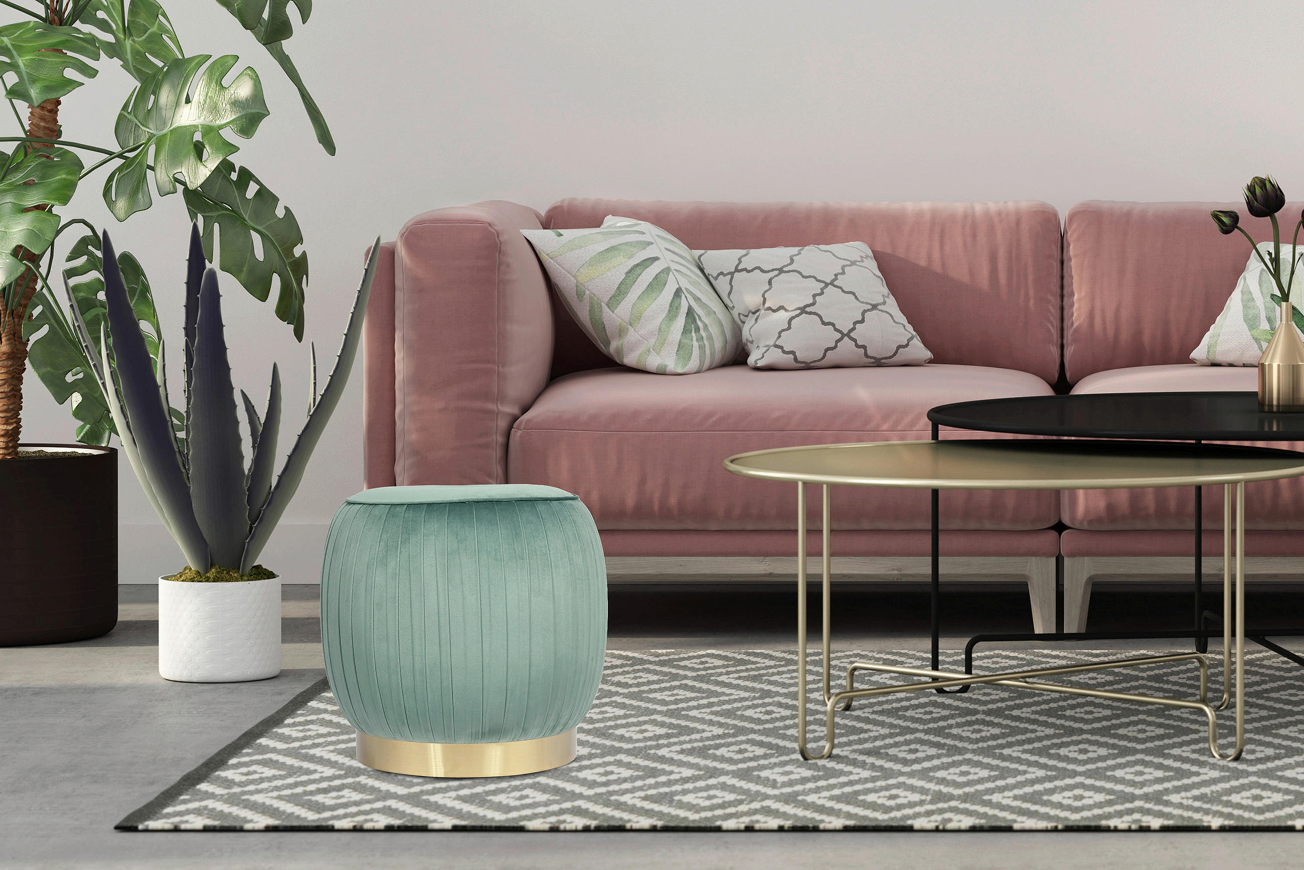 HOCKER in Textil Mintgrün  - Goldfarben/Mintgrün, Design, Textil/Metall (43/42cm) - Kayoom