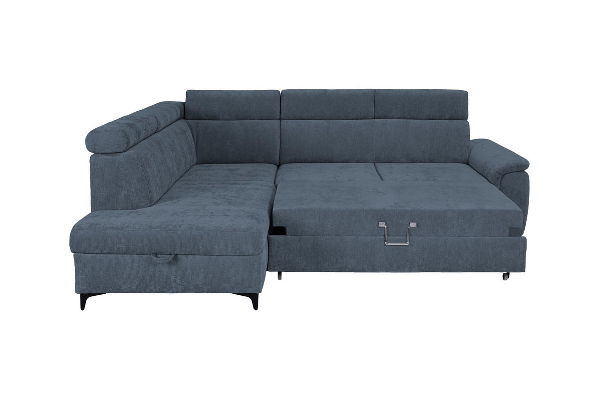 ECKSOFA Dunkelblau Chenille Bettkasten, Schlaffunktion, Rücken echt, Kopfteilverstellung, Liegefläche im Originalstoff  - Schwarz/Dunkelblau, KONVENTIONELL, Textil/Metall (206/265cm) - Carryhome