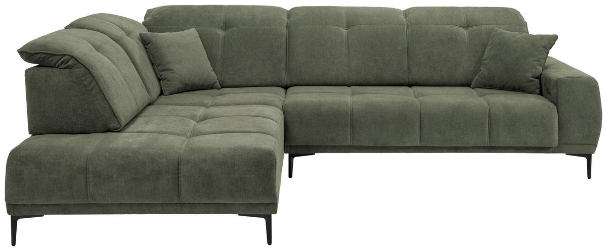 ECKSOFA NESTO Dunkelgrün Chenille Zierkissen, Kopfteilverstellung, Sitzvorzug  - Dunkelgrün/Schwarz, Basics, Textil/Metall (232/305cm) - Livetastic