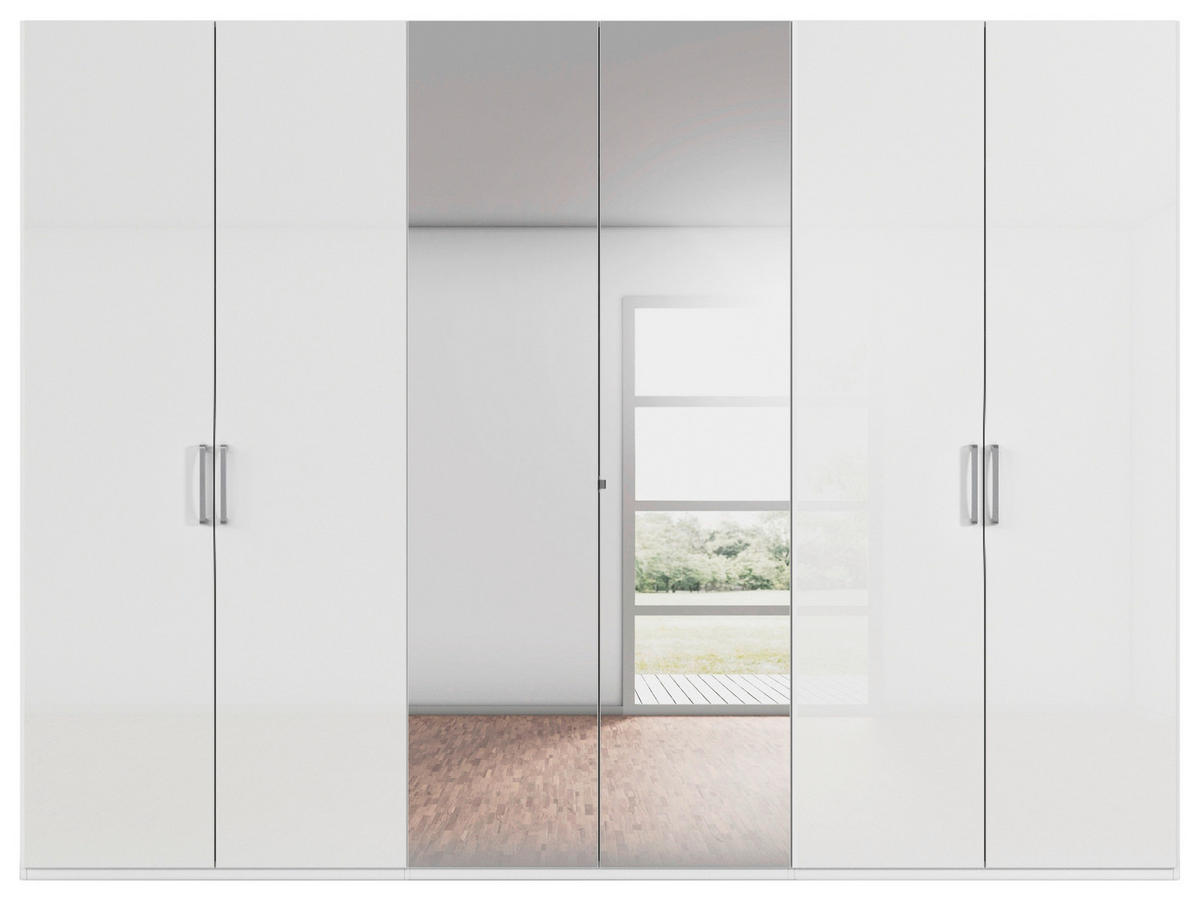 DREHTÜRENSCHRANK 301/235/61 cm,  in Weiß, Weiß Hochglanz, 6-türig  - Chromfarben/Edelstahlfarben, Basics, Glas/Holzwerkstoff (301/235/61cm) - Novel