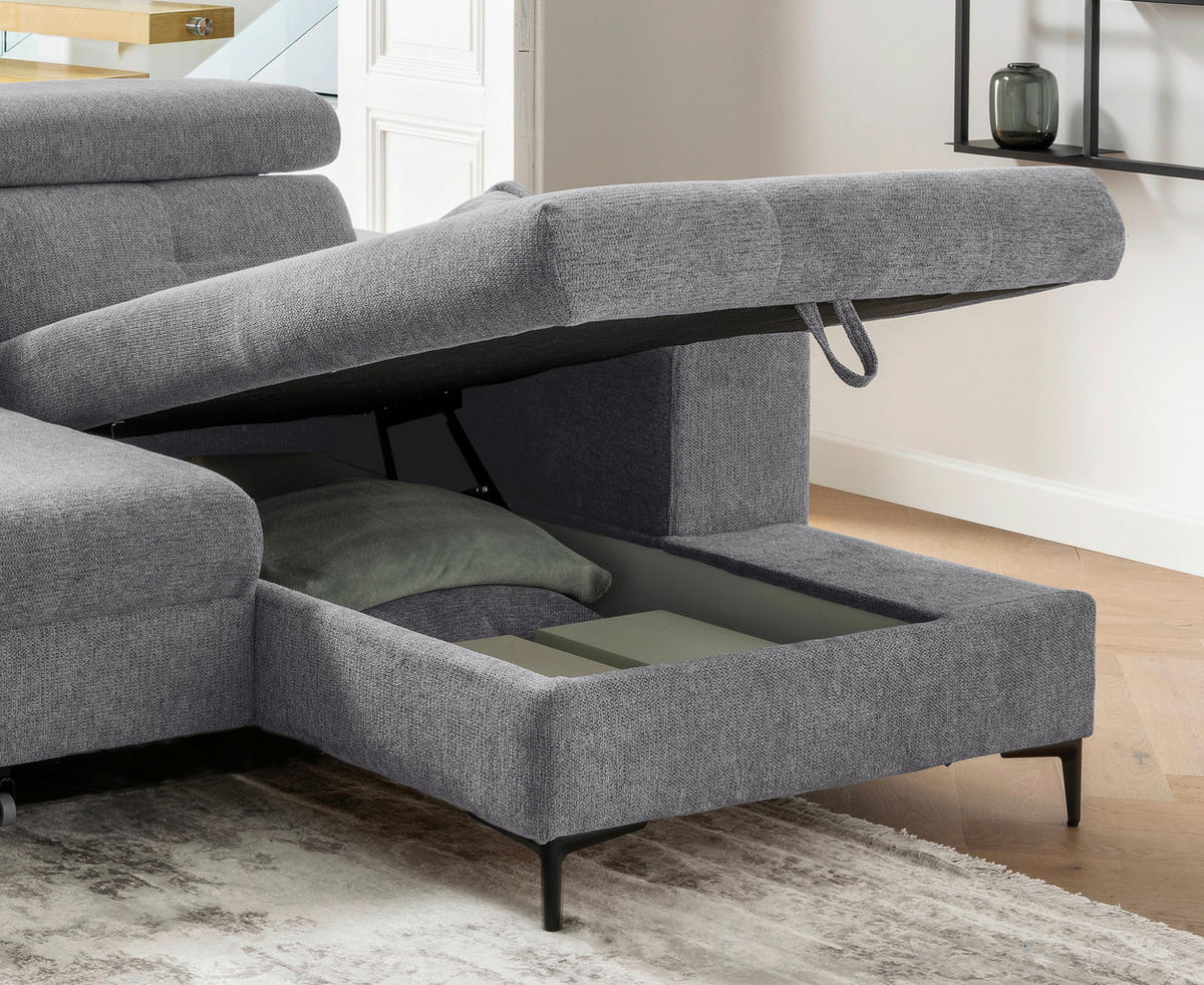 ECKSOFA Chenille Dunkelgrau  - Dunkelgrau/Schwarz, Basics, Textil/Metall (270/186cm) - Livetastic
