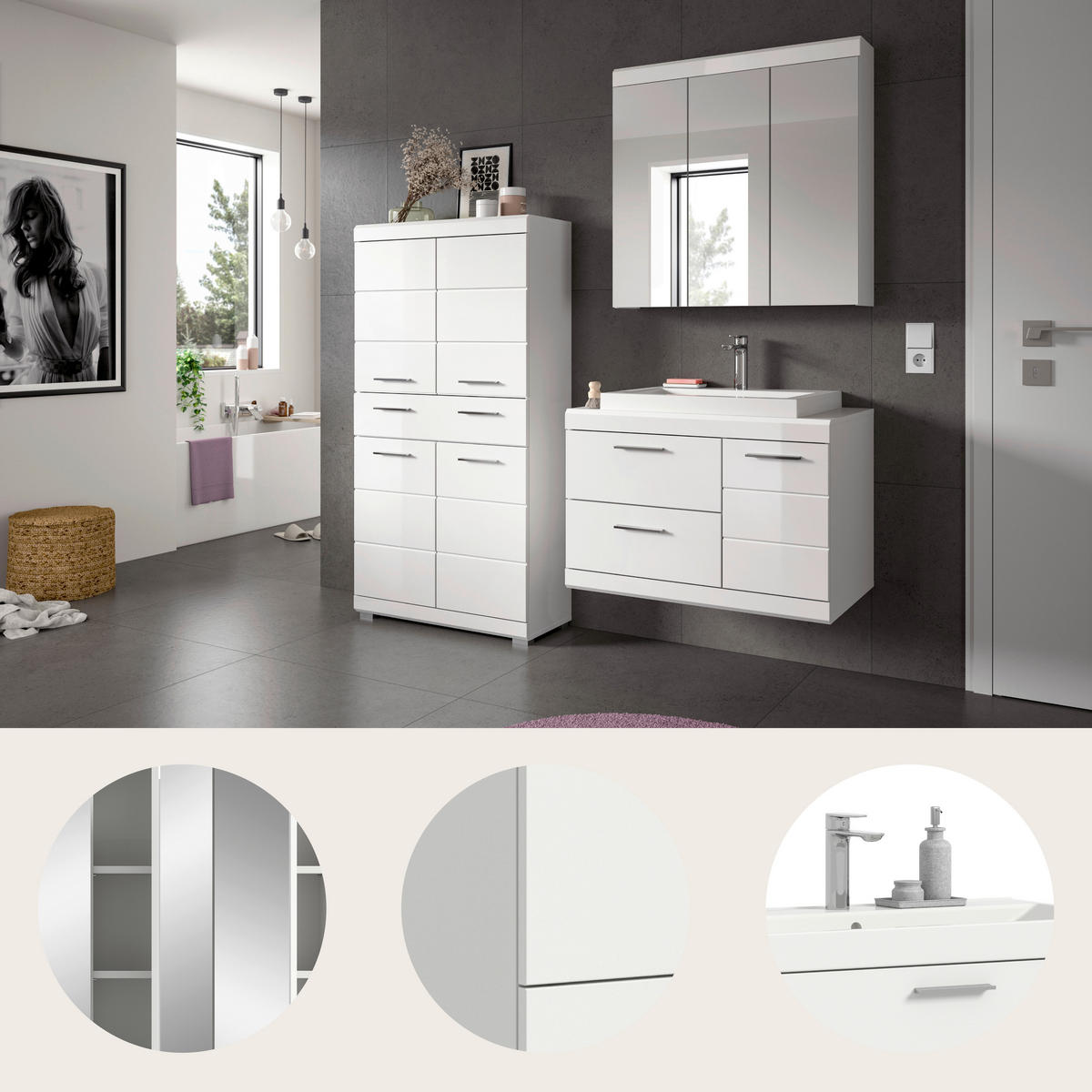 BADEZIMMER 4-teilig  in 169 cm  - Weiß Hochglanz/Silberfarben, Trend, Glas/Holzwerkstoff (169cm) - MID.YOU