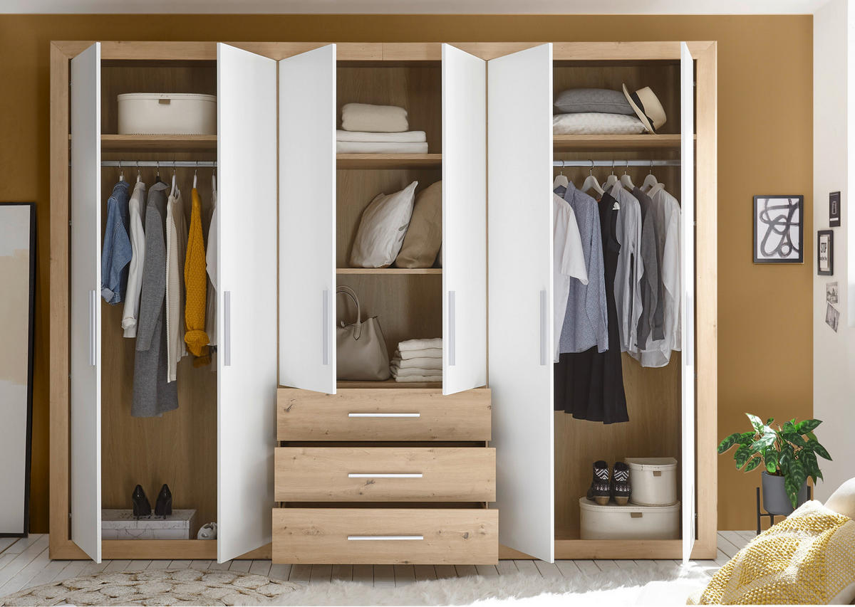 ŠATNÍ SKŘÍŇ S OTOČNÝMI DVEŘMI, bílá, dub artisan, 289/225/59 cm - bílá/barvy hliníku, Konvenční, kompozitní dřevo/plast (289/225/59cm) - Carryhome