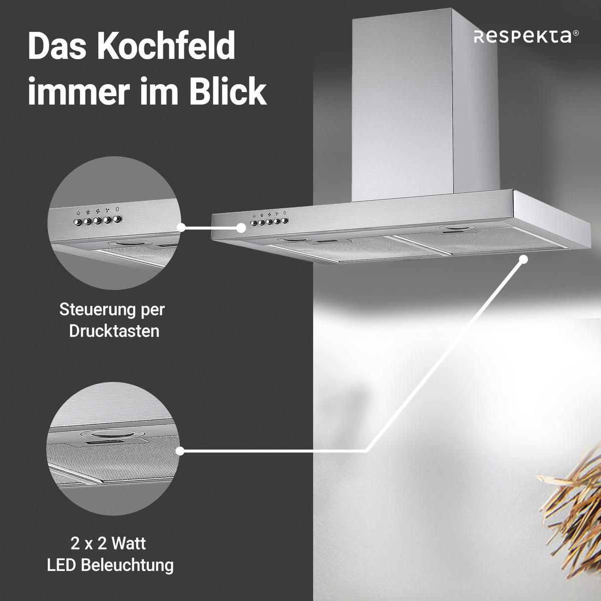 DUNSTABZUGSHAUBE CH22098IXB  - Edelstahlfarben, Trend, Glas/Metall (60/48-86/50cm) - Respekta