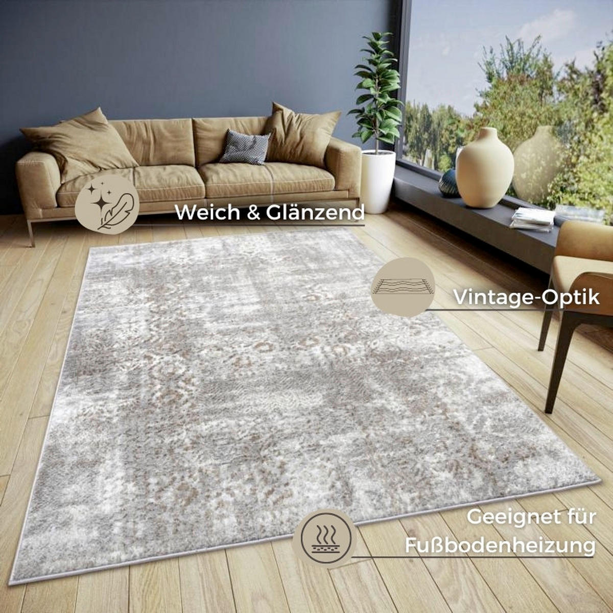 VINTAGE-TEPPICH 200/280 cm Shine Braun, Grau  - Braun/Grau, Design, Kunststoff (200/280cm)