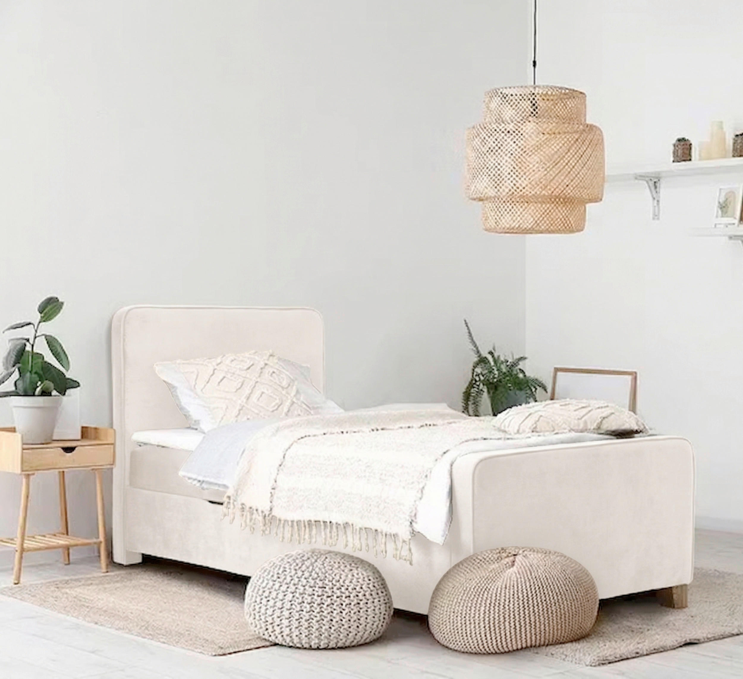 BOXBETT 120/200 cm,  in Creme, Bettkasten, Topper, H3 = fest  - Creme/Kernbuche, MODERN, Holz/Textil (120/200cm) - MID.YOU