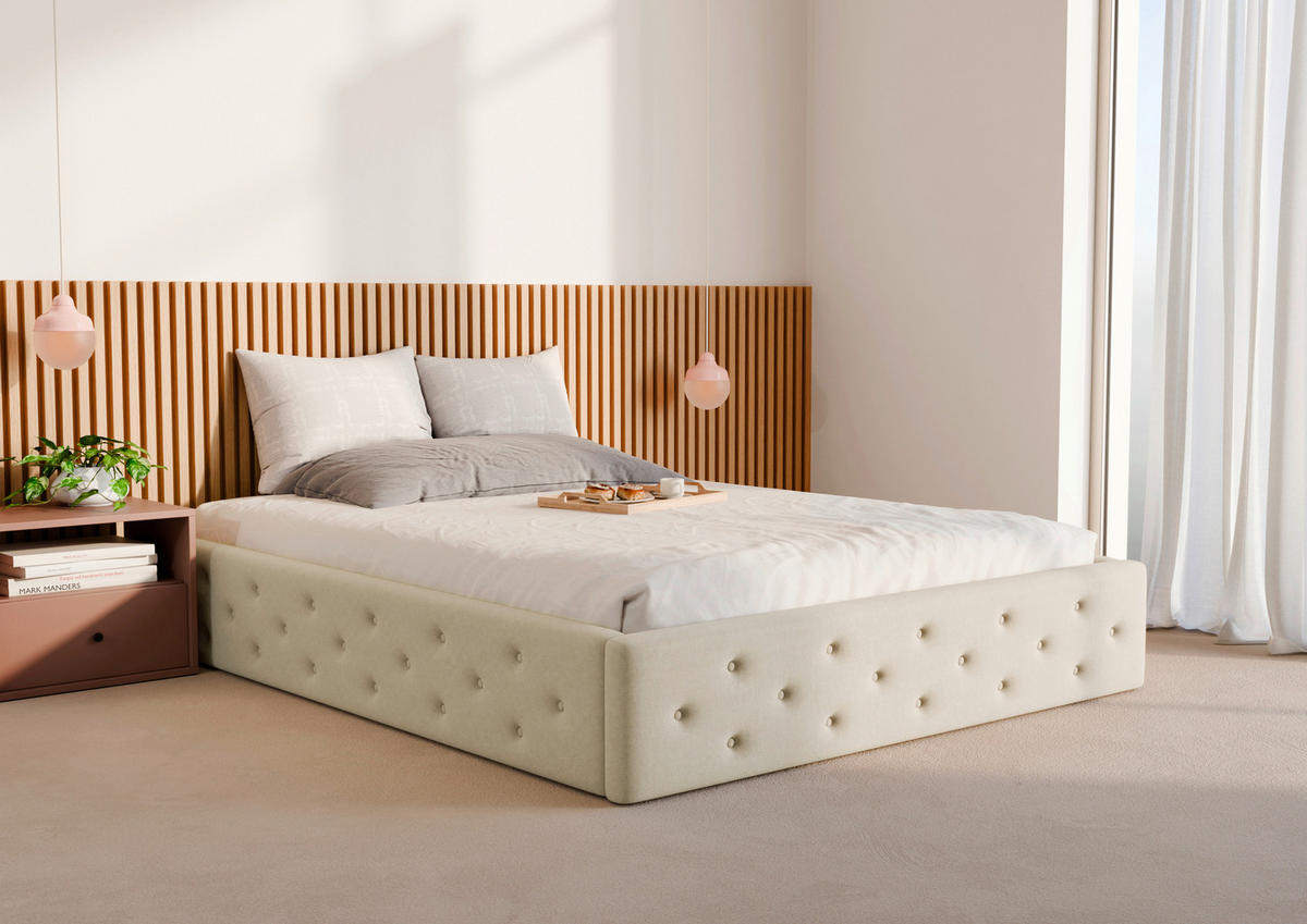 POLSTERBETT 140/200 cm,  in Beige, Lattenrost, Bettkasten,  - Beige/Schwarz, Design, Holz/Textil (140/200cm) - Chameo