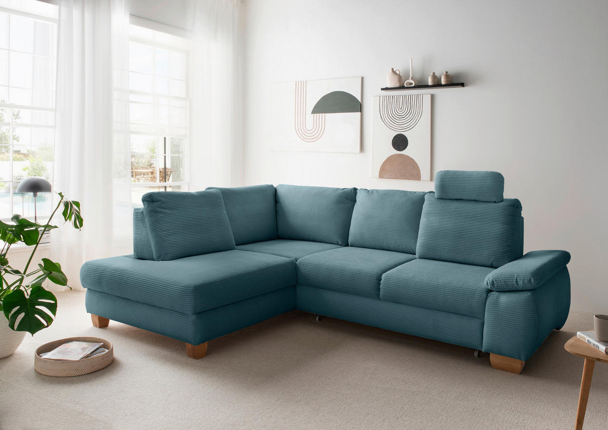 ECKSCHLAFSOFA in Cord Petrol  - Wildeiche/Petrol, Modern, Holz/Textil (206/261cm) - Livetastic