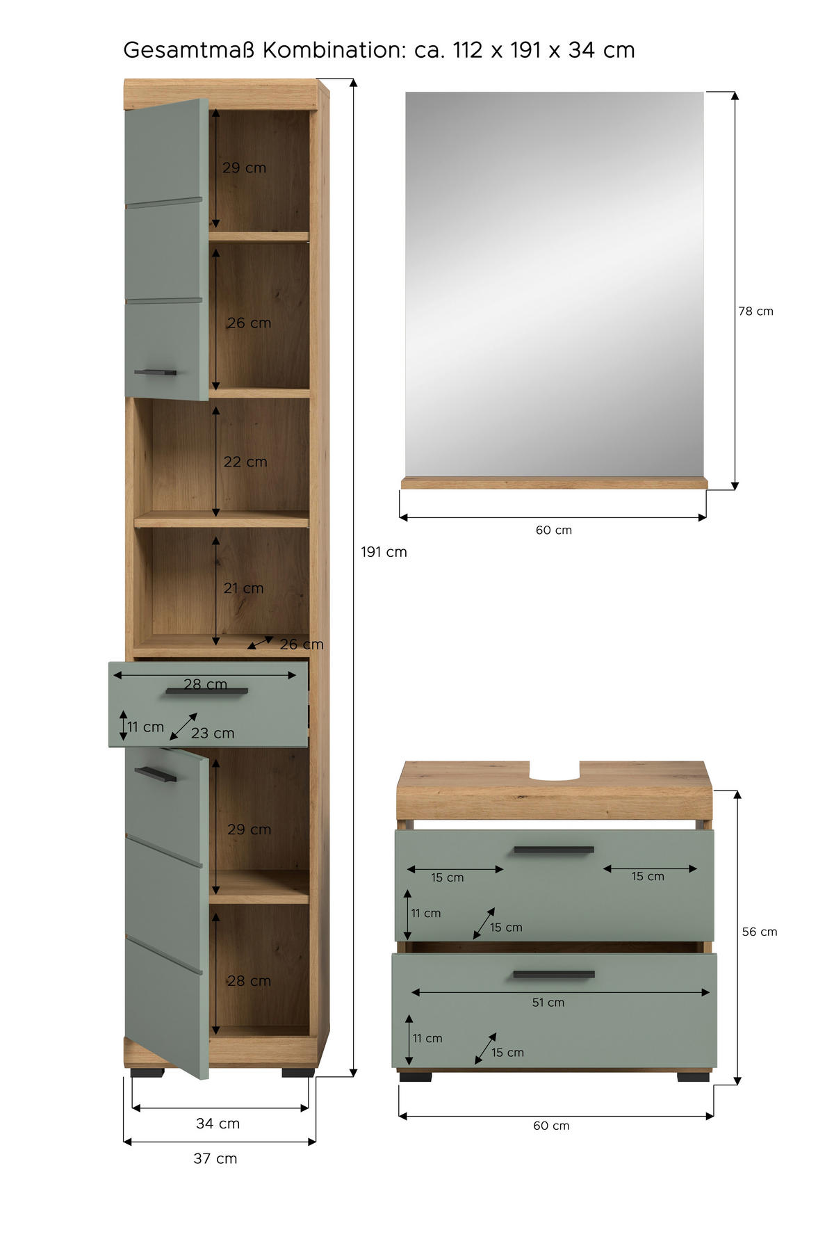 BADEZIMMER 3-teilig  in 97 cm  - Salbeigrün/Schwarz, MODERN, Holzwerkstoff/Kunststoff (97cm) - MID.YOU
