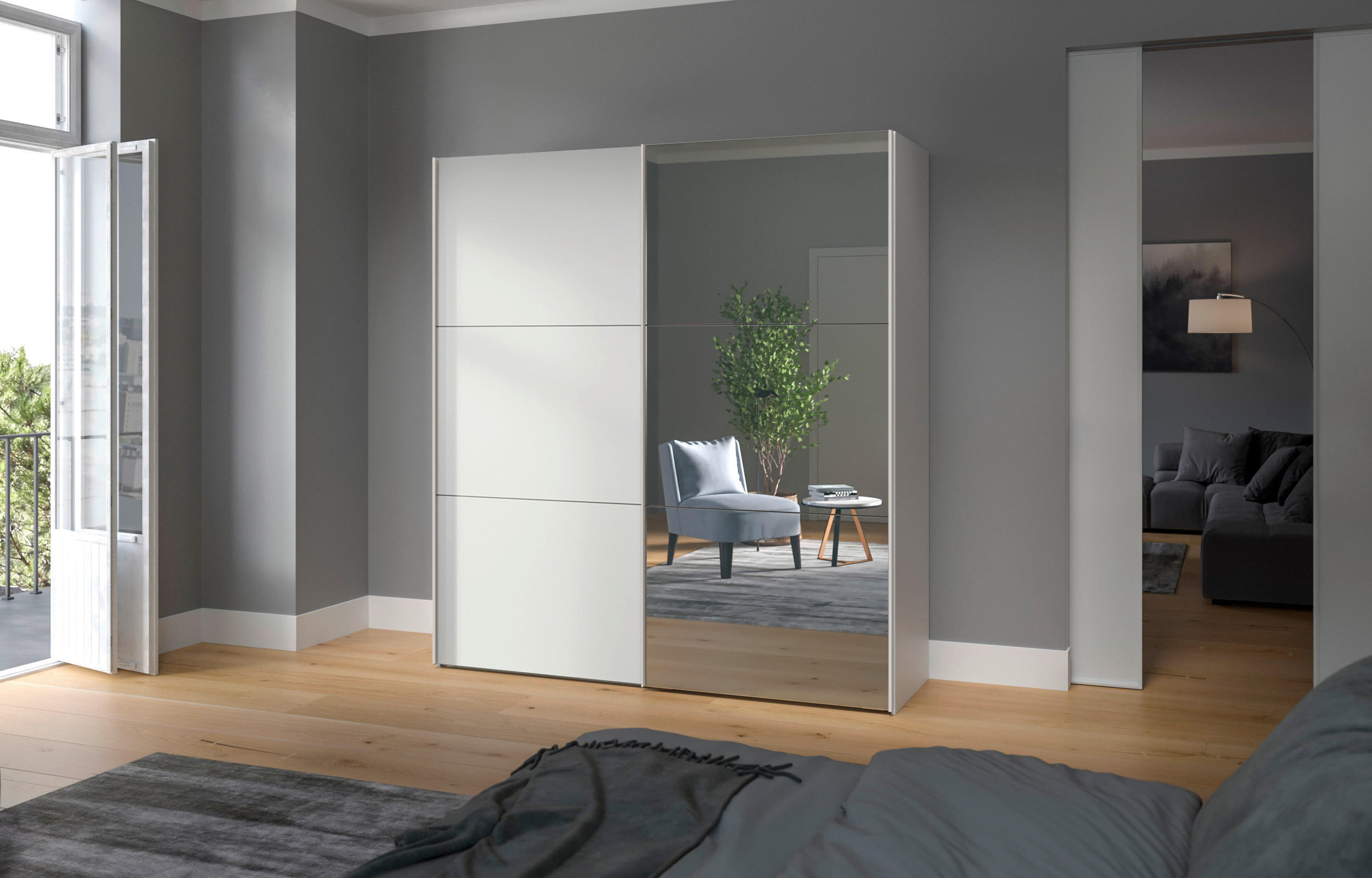 SCHWEBETÜRENSCHRANK 203/195/65 cm 2-türig Weiß  - Edelstahlfarben/Weiß, Design, Glas/Holzwerkstoff (203/195/65cm) - Boxxx