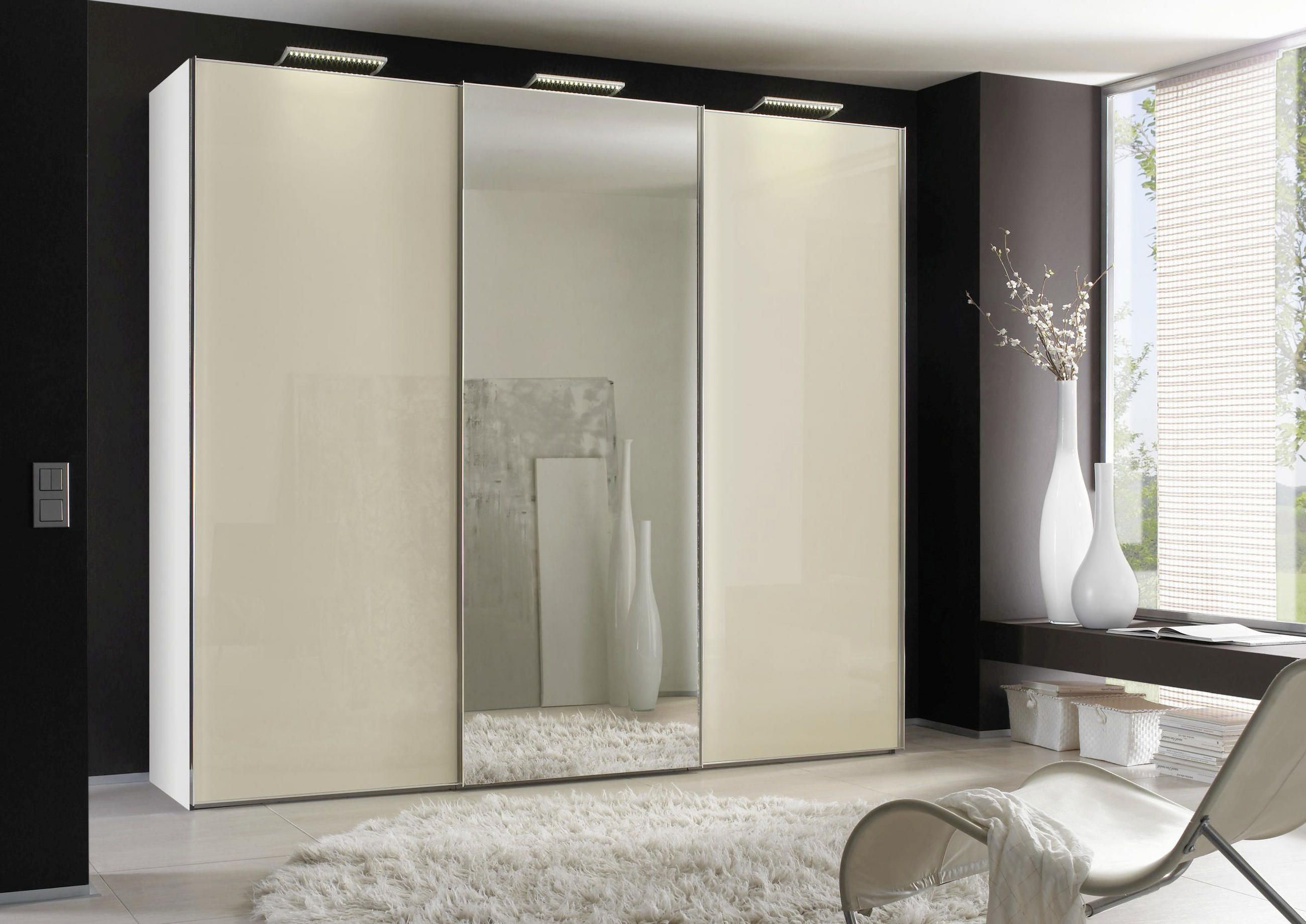 SCHWEBETÜRENSCHRANK 298/222/68 cm 3-türig Sandfarben  - Sandfarben/Chromfarben, Basics, Glas/Holzwerkstoff (298/222/68cm) - Moderano