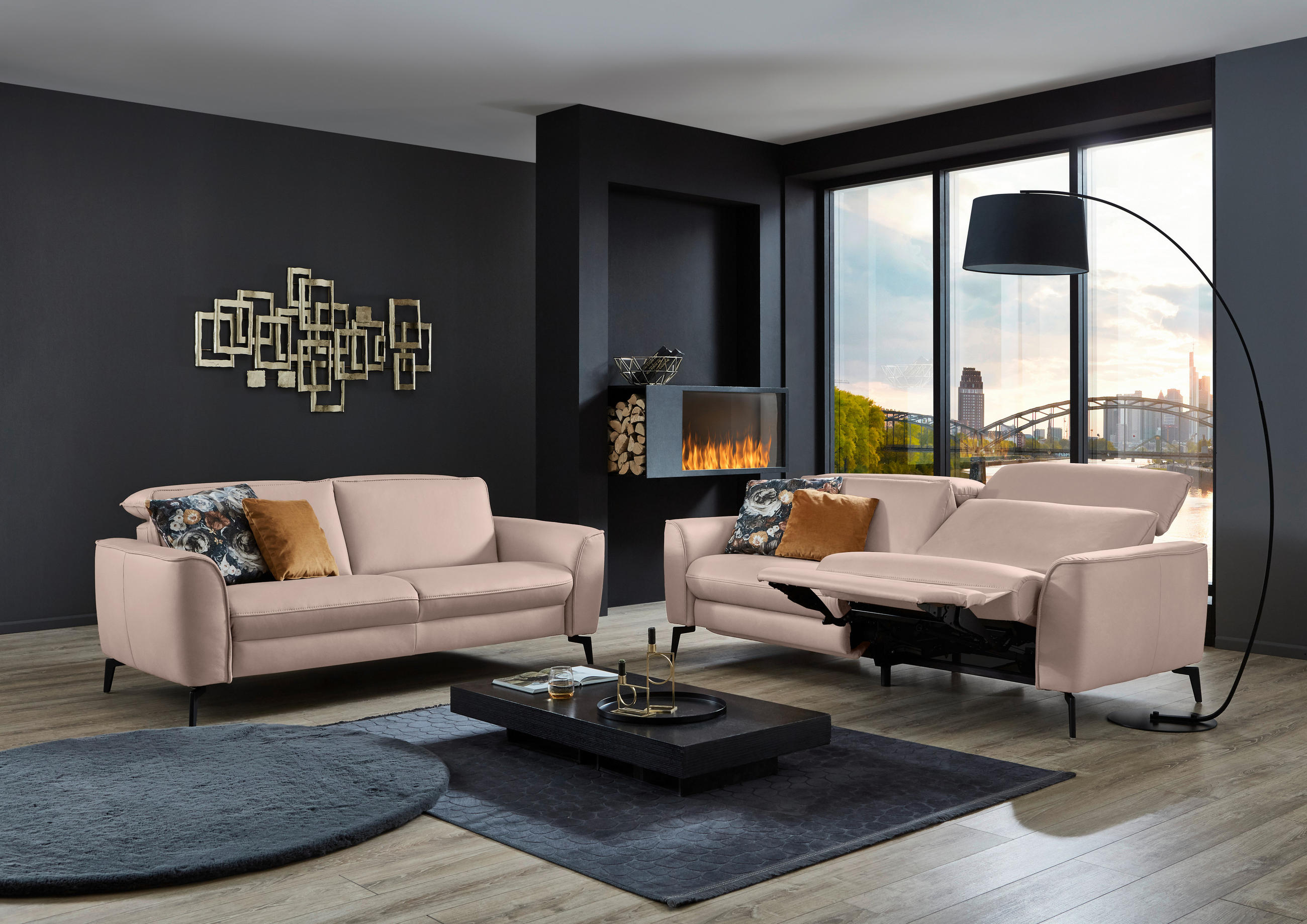 3-SITZER-SOFA in Echtleder Taupe  - Taupe/Schwarz, Natur, Leder/Metall (222/81/110cm) - Valdera