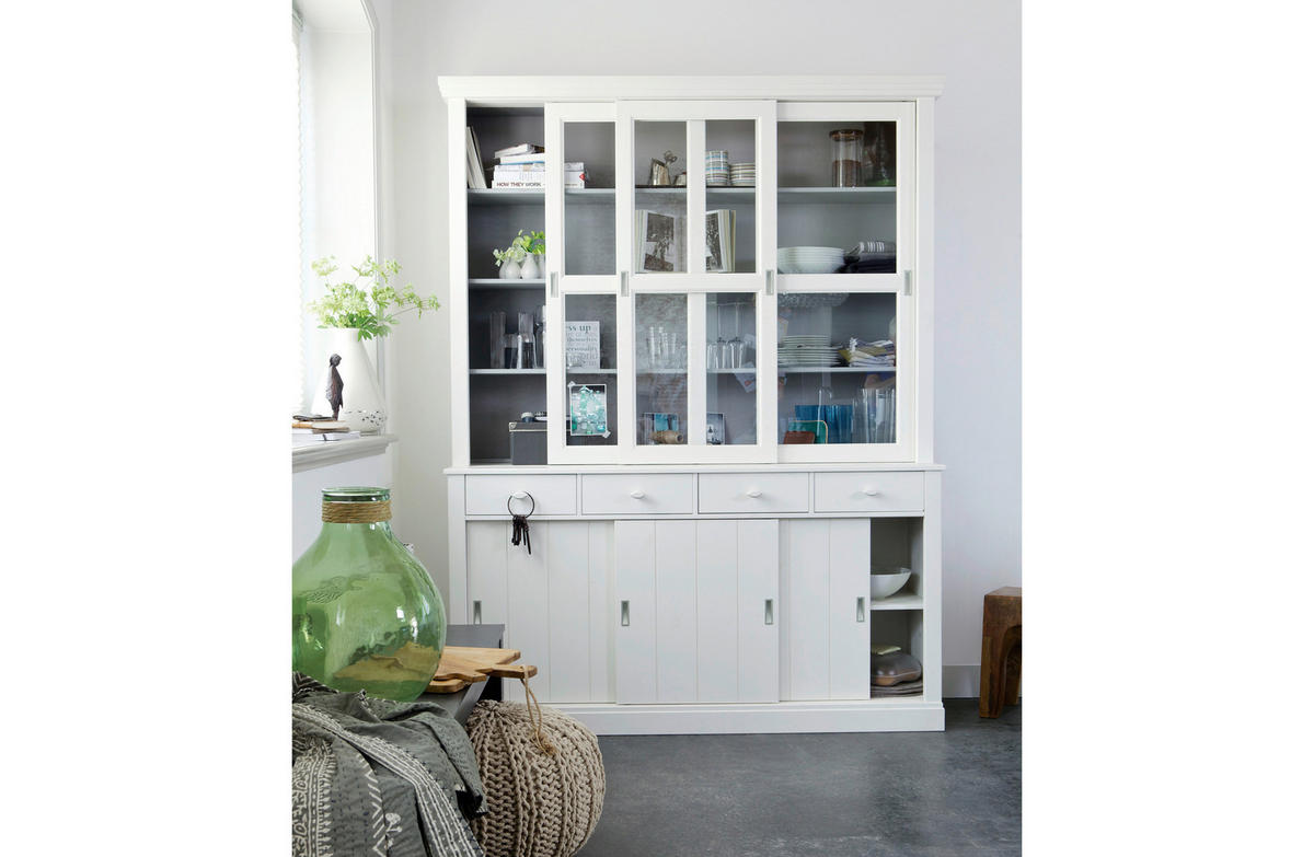 VITRINE  in vollmassiv Kiefer Weiß  - Schwarz/Weiß, Design, Glas/Holz (166/214/48cm) - Livetastic