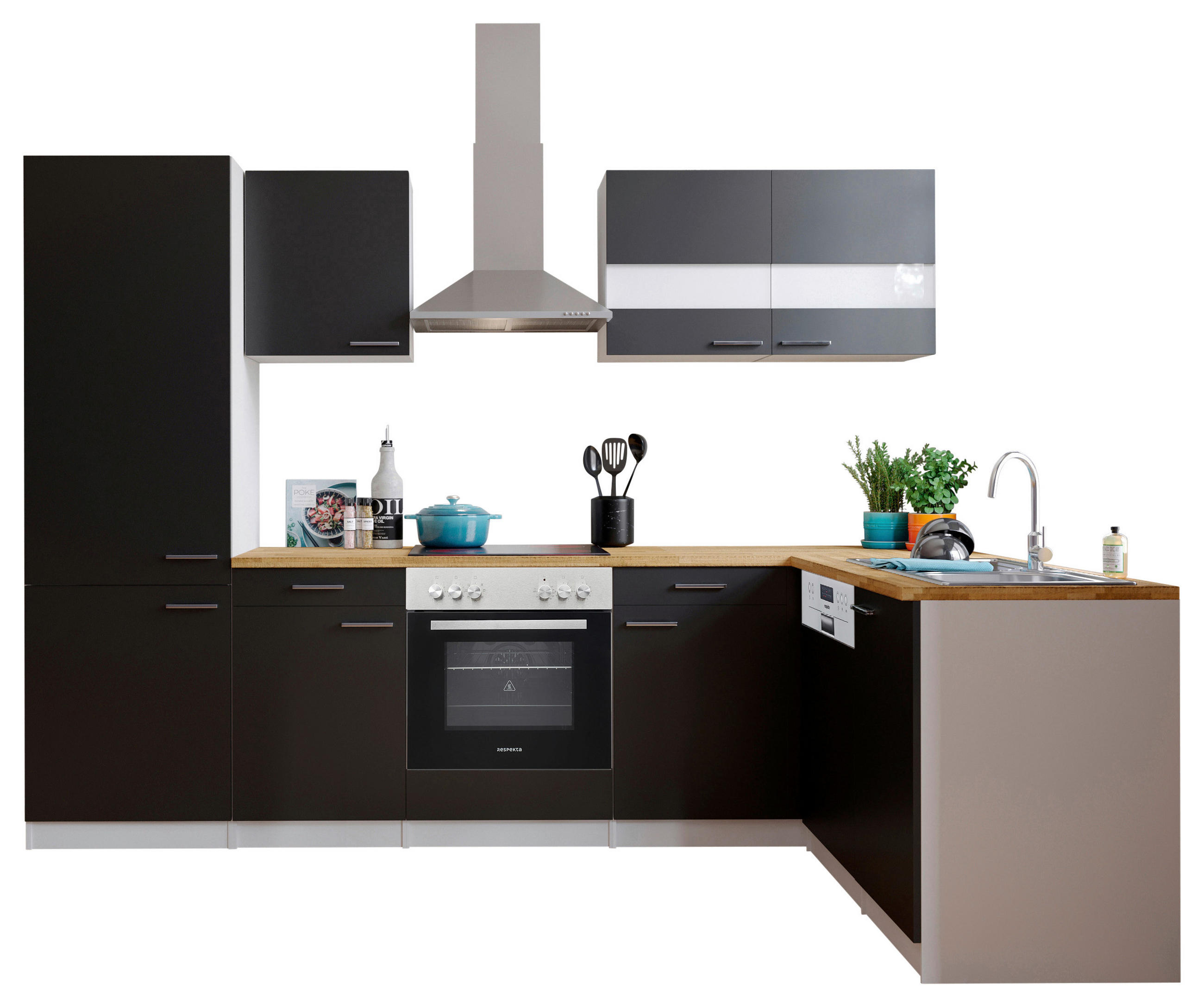 ECKKÜCHE 280/172 cm  in Schwarz  - Edelstahlfarben/Nussbaumfarben, Basics, Holzwerkstoff/Metall (280/172cm) - Respekta