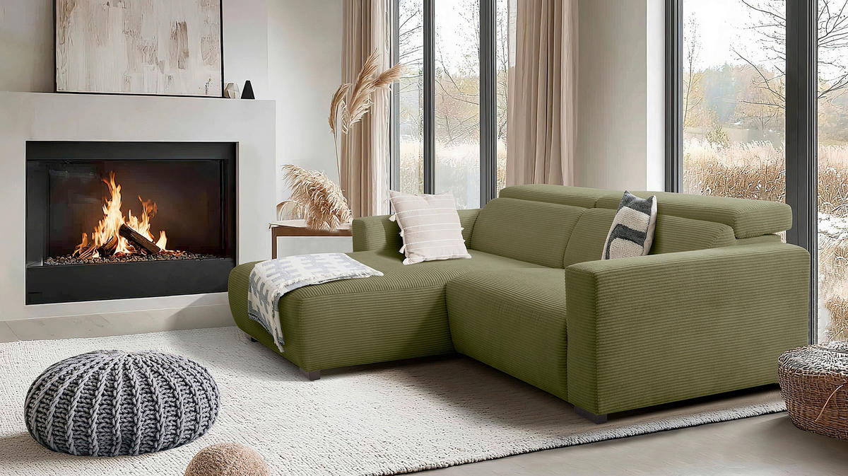 ECKSOFA RENO Grün Cord Relaxfunktion, Kopfteilverstellung  - Schwarz/Grün, Design, Kunststoff/Textil (184/248cm) - Livetastic