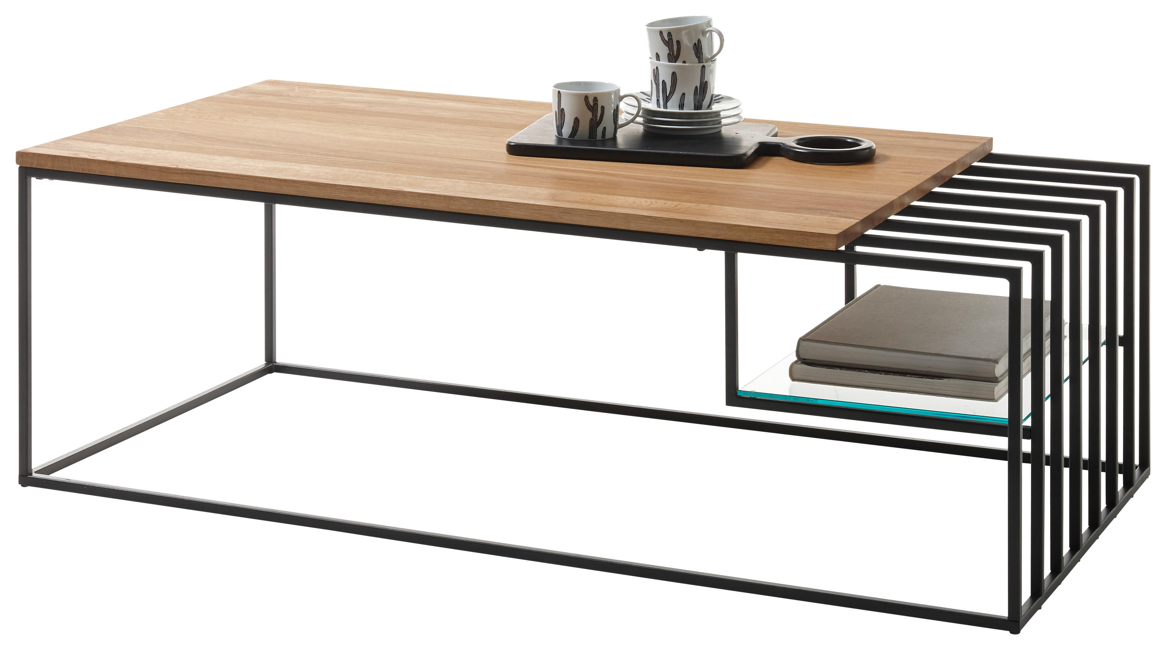 MĂSUȚĂ DE CAFEA - culoare lemn stejar/negru, Modern, sticlă/lemn (120/40/60cm) - MID.YOU