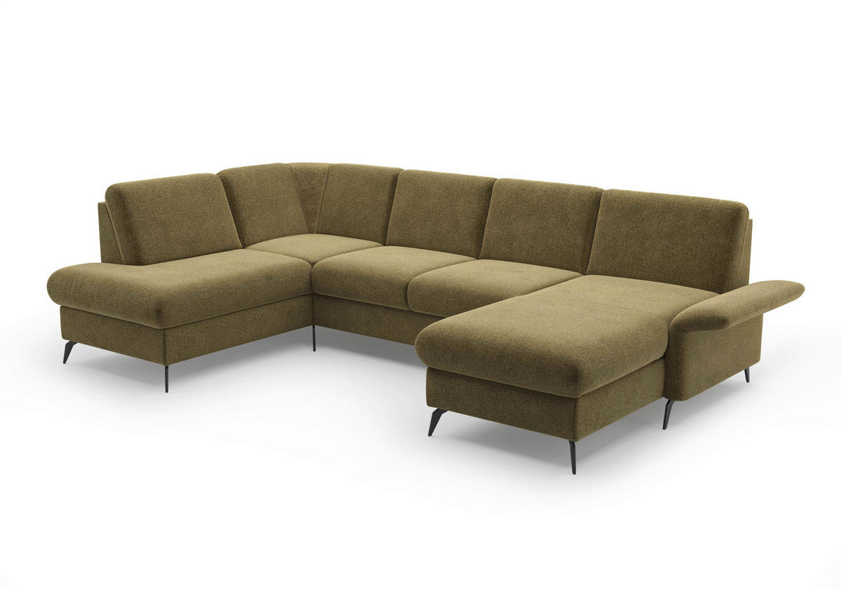 WOHNLANDSCHAFT Olivgrün Flachgewebe  - Schwarz/Olivgrün, KONVENTIONELL, Textil/Metall (195/314/164cm) - Sit & More