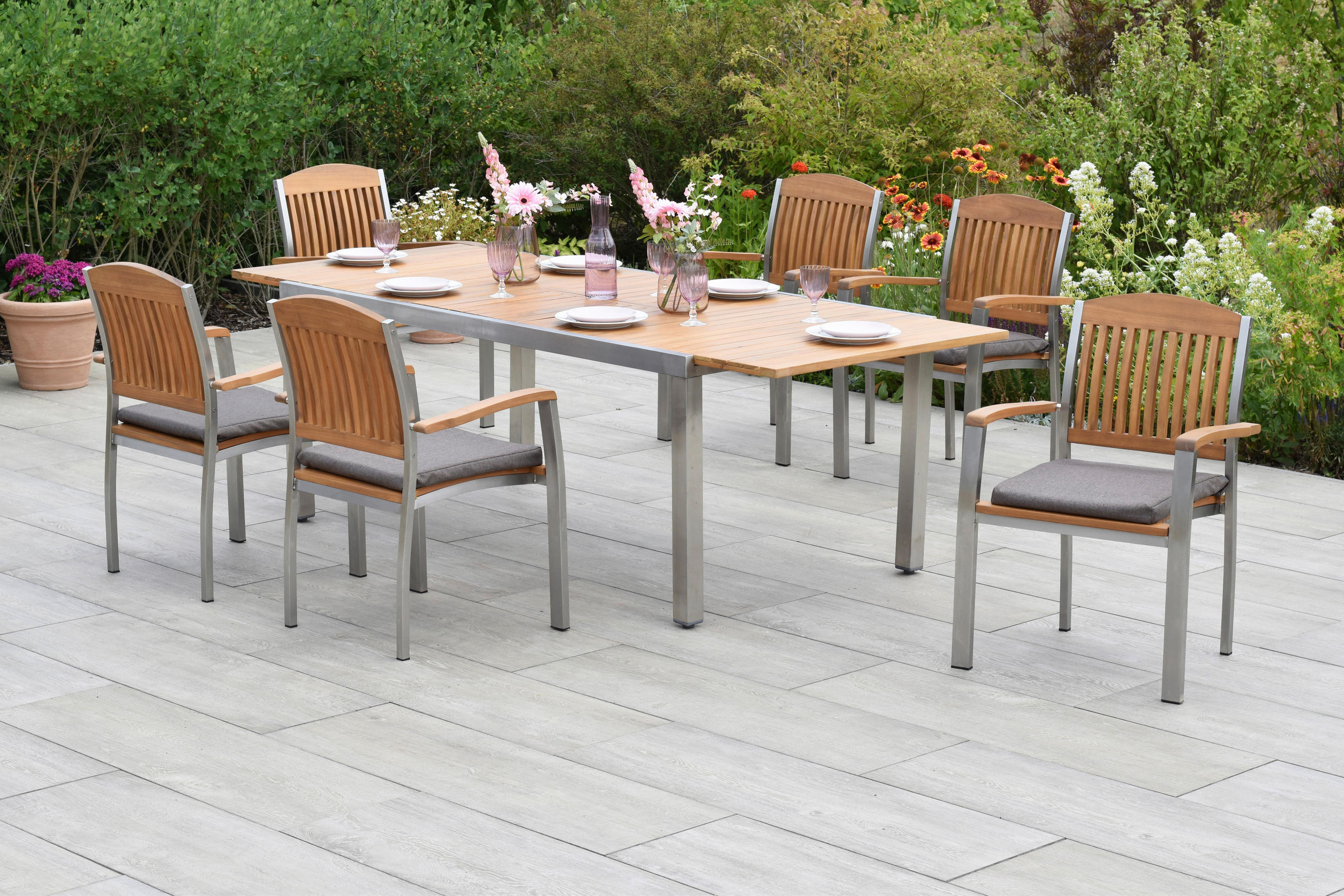 GARTENSET Akazie massiv Edelstahl  - Silberfarben/Naturfarben, MODERN, Holz/Textil - Gardenson