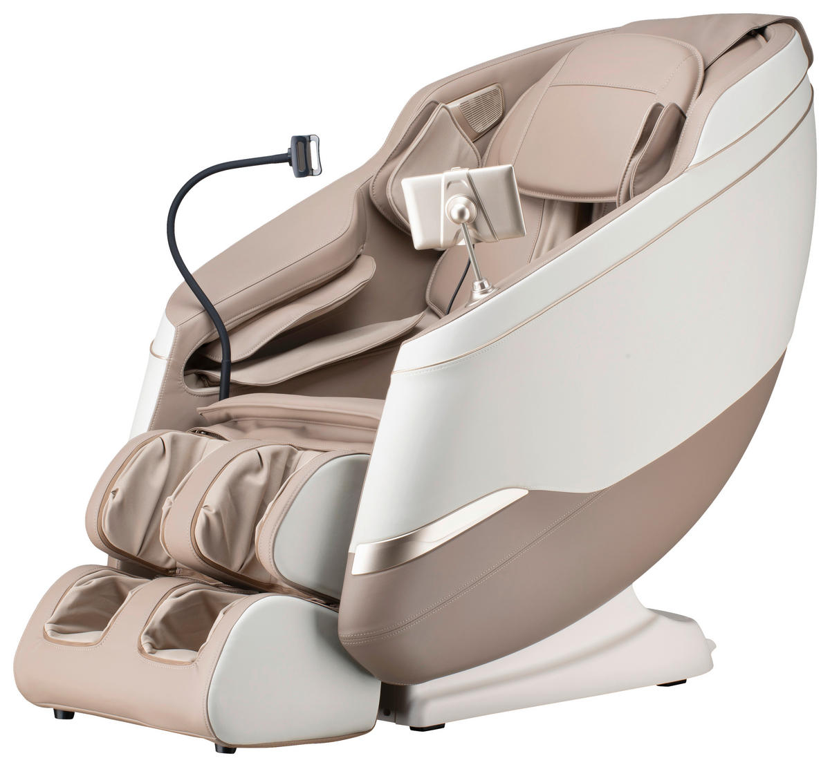 MASSAGESESSEL M Series  mit Lederlook Weiß, Hellbraun Relaxfunktion, Liegefunktion, Netzbetrieb, Massagefunktion, ausziehbare Fußstütze, automatische Rückholfunktion, Bluetooth-Lautsprecher, inklusive Armlehnen, Nackenkissen abnehmbar Rückenkissen, Nackenstütze, Sitzkissen, Relaxfunktion, Fußteilverstellung, Nackenkissen  - Hellbraun/Schwarz, KONVENTIONELL, Kunststoff/Textil (75,5/113/147,3cm) - Novel