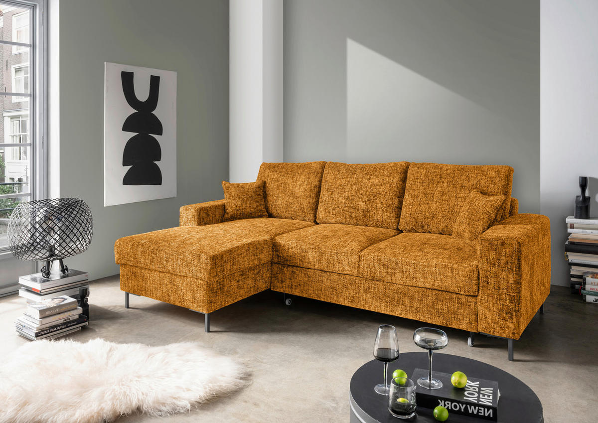 ECKSCHLAFSOFA  mit Rücken echt Struktur Goldfarben  - Goldfarben/Schwarz, KONVENTIONELL, Textil/Metall (143/237cm) - Livetastic