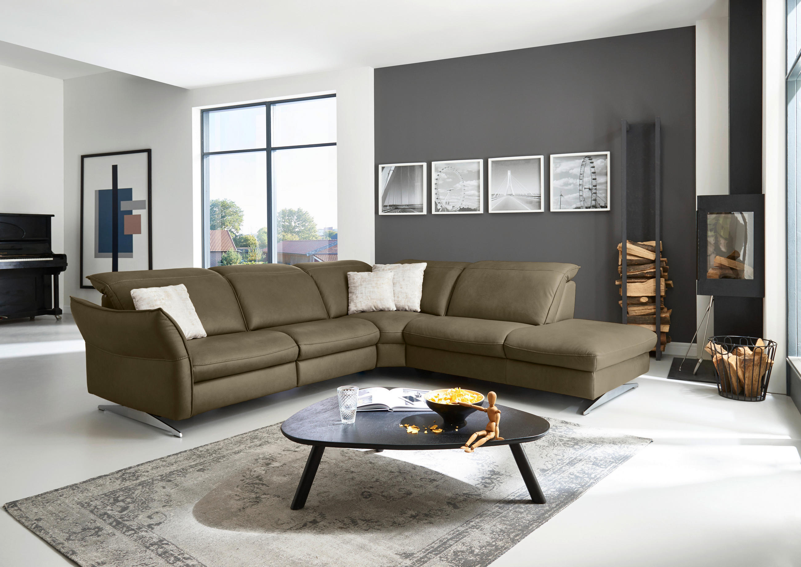 ECKSOFA in Echtleder Mokka  292/258 cm  - Edelstahlfarben/Mokka, Design, Leder/Metall (292/258cm) - Hukla