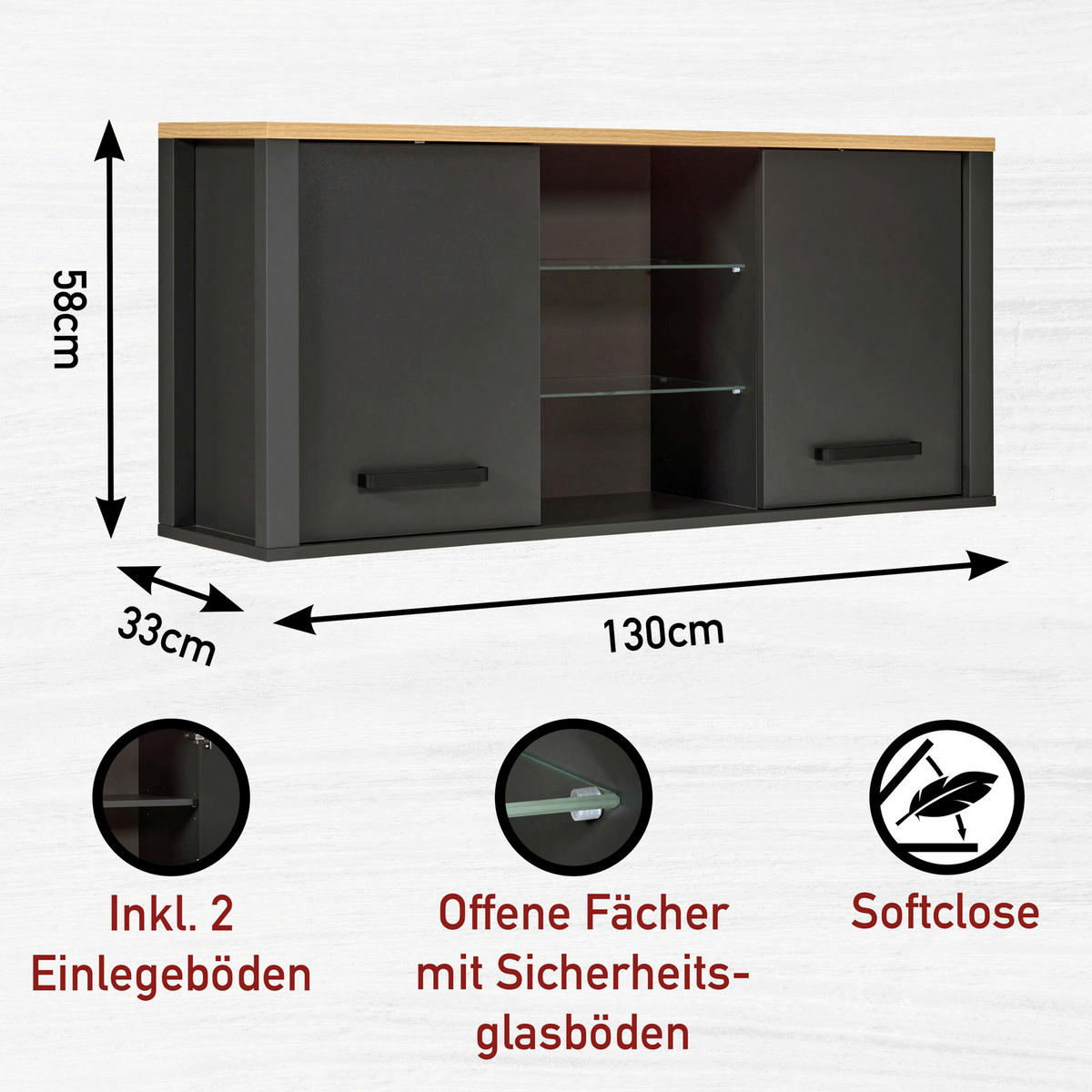 KÜCHENLEERBLOCK   in Anthrazit, Eiche Artisan  - Anthrazit/Schwarz, MODERN, Glas/Holzwerkstoff (370/167/60cm) - home24