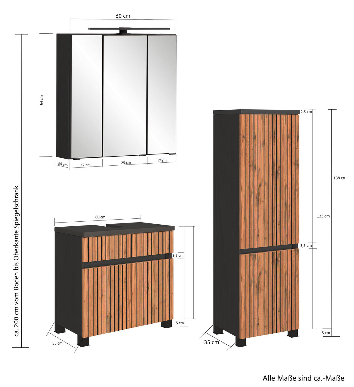 BADEZIMMER  in 100 cm  - Anthrazit/Eiche Wotan, KONVENTIONELL, Glas/Holzwerkstoff (100cm) - Xora