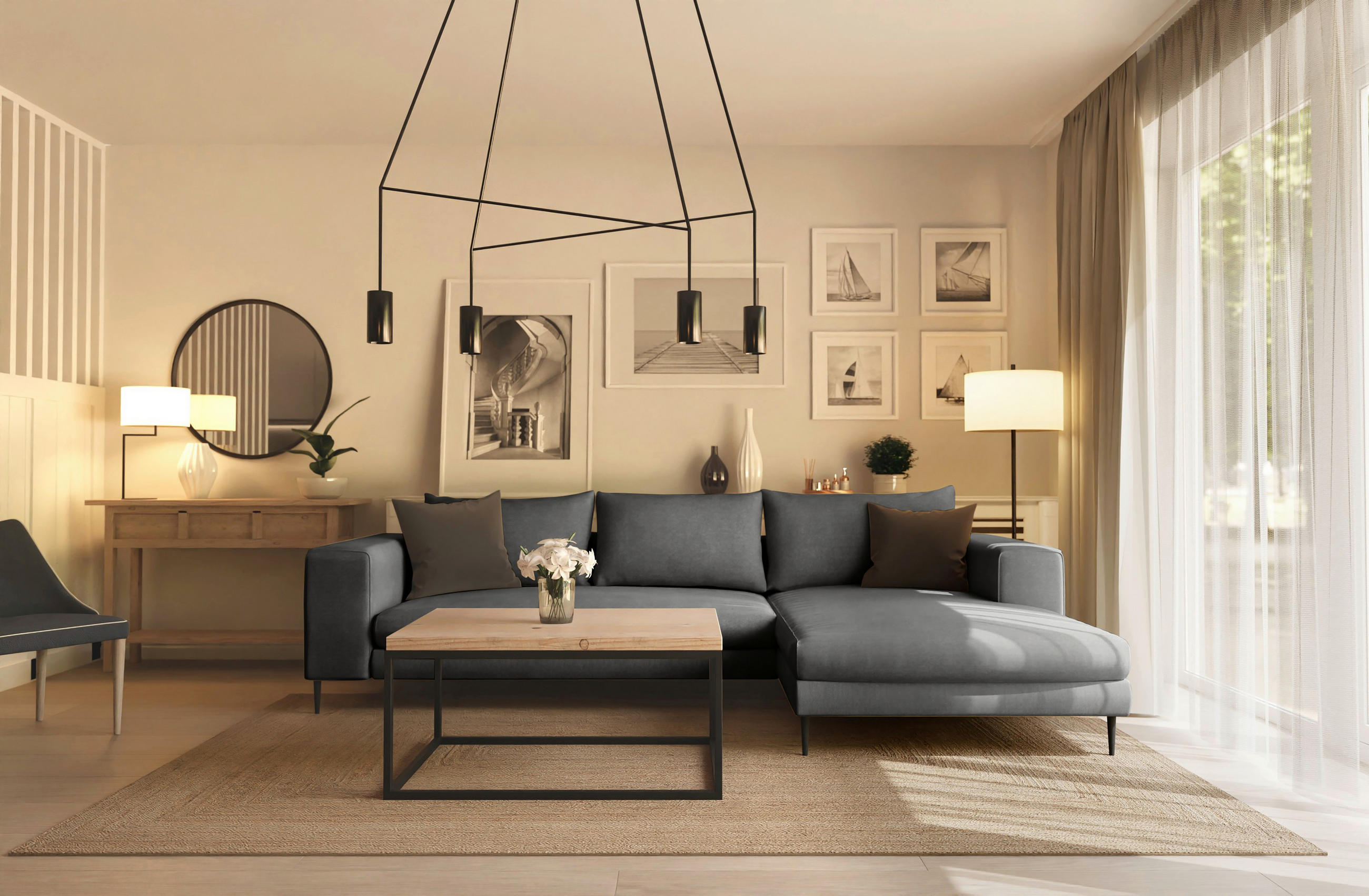 ECKSOFA in Struktur Dunkelgrau  - Dunkelgrau/Schwarz, Modern, Textil/Metall (325/170cm) - Trendmanufaktur