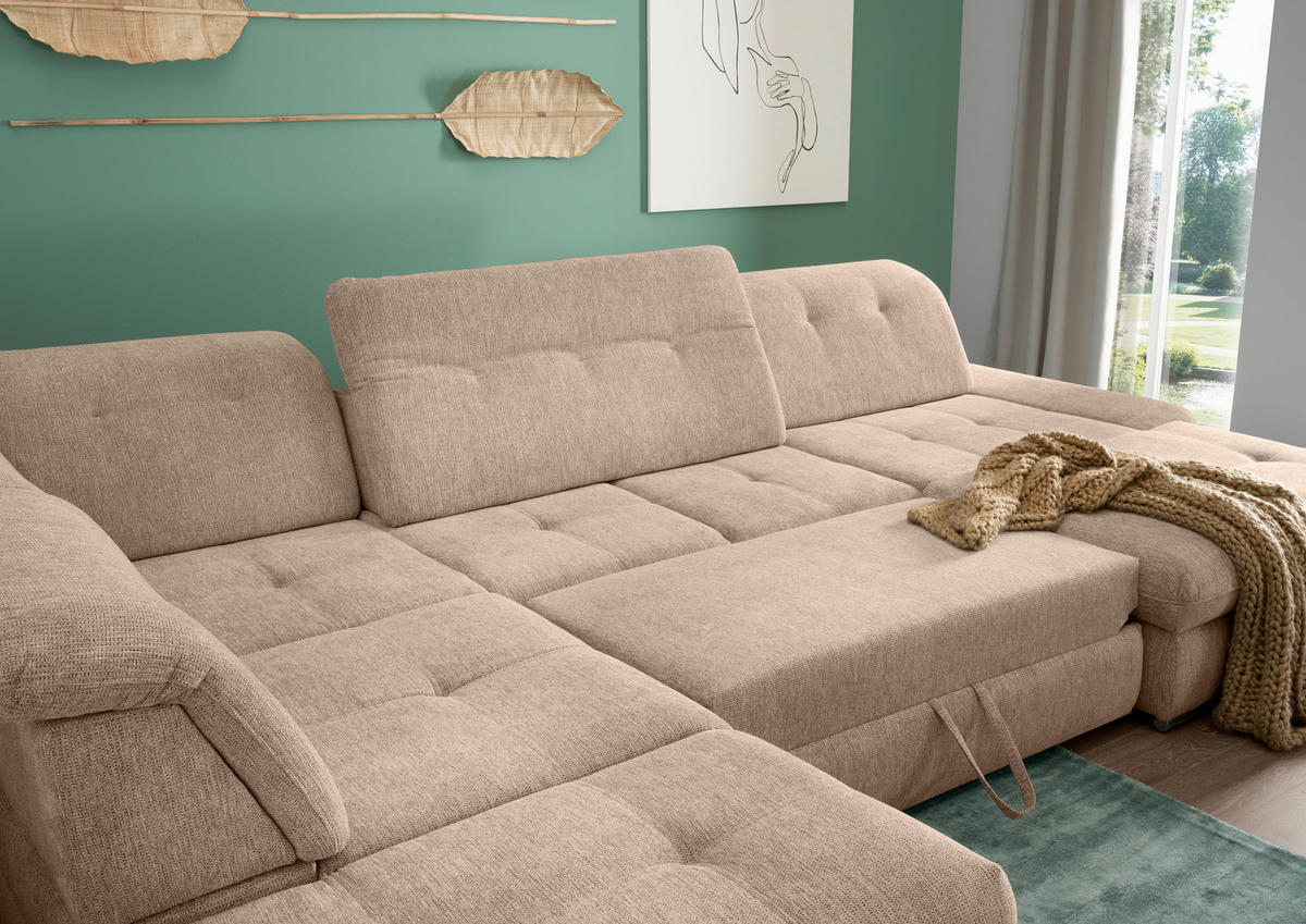 WOHNLANDSCHAFT in Chenille Hellbraun  - Chromfarben/Hellbraun, MODERN, Textil/Metall (254/376/195cm) - Livetastic