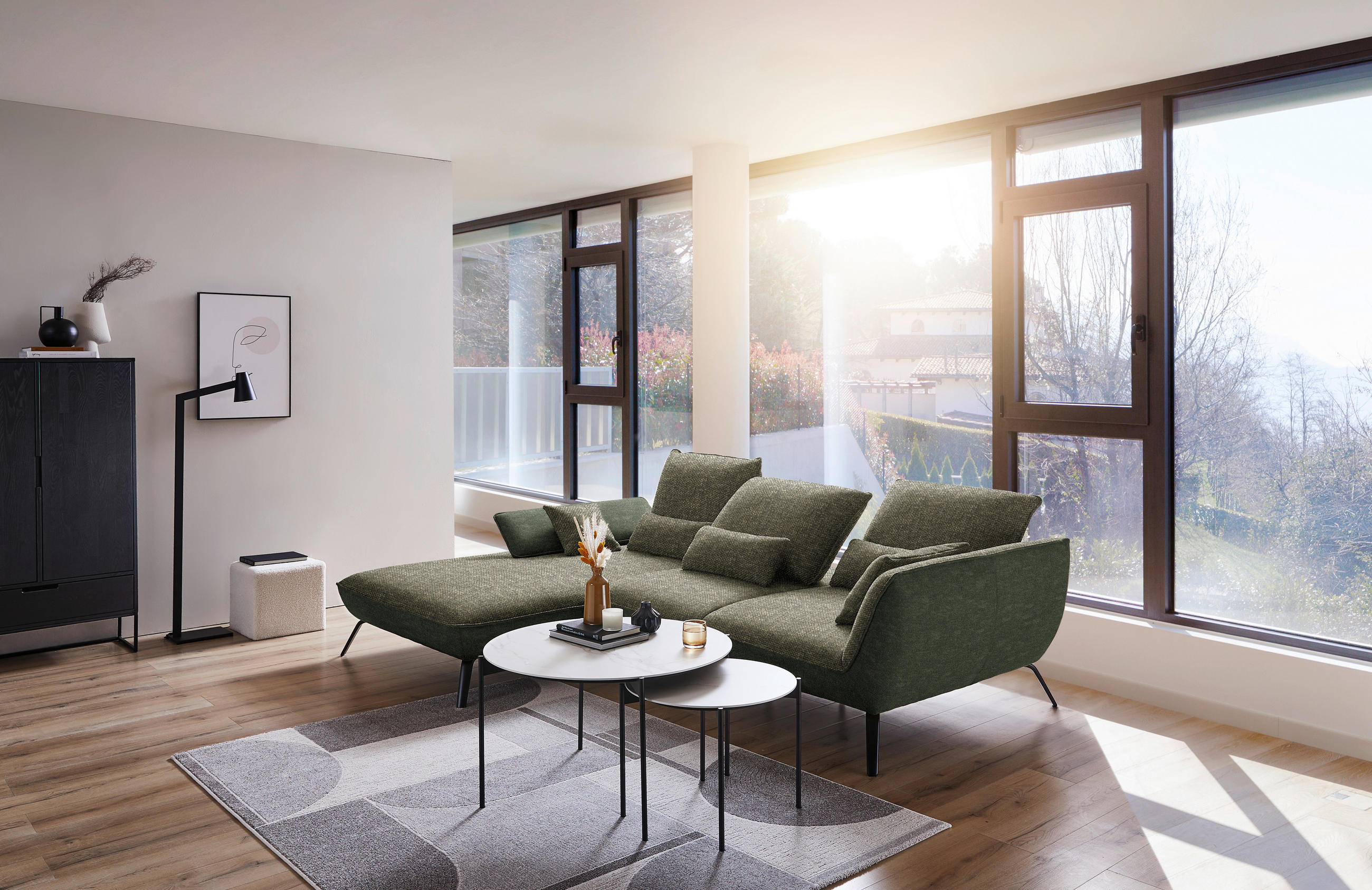 ECKSOFA in Flachgewebe Dunkelgrün  - Dunkelgrün/Schwarz, Design, Textil/Metall (191/301cm) - Moderano