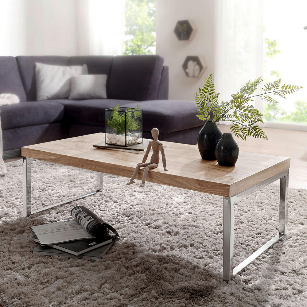 COUCHTISCH Akazie massiv 120/60/40 cm rechteckig Akaziefarben  - Chromfarben/Akaziefarben, Design, Holz/Metall (120/60/40cm) - MID.YOU